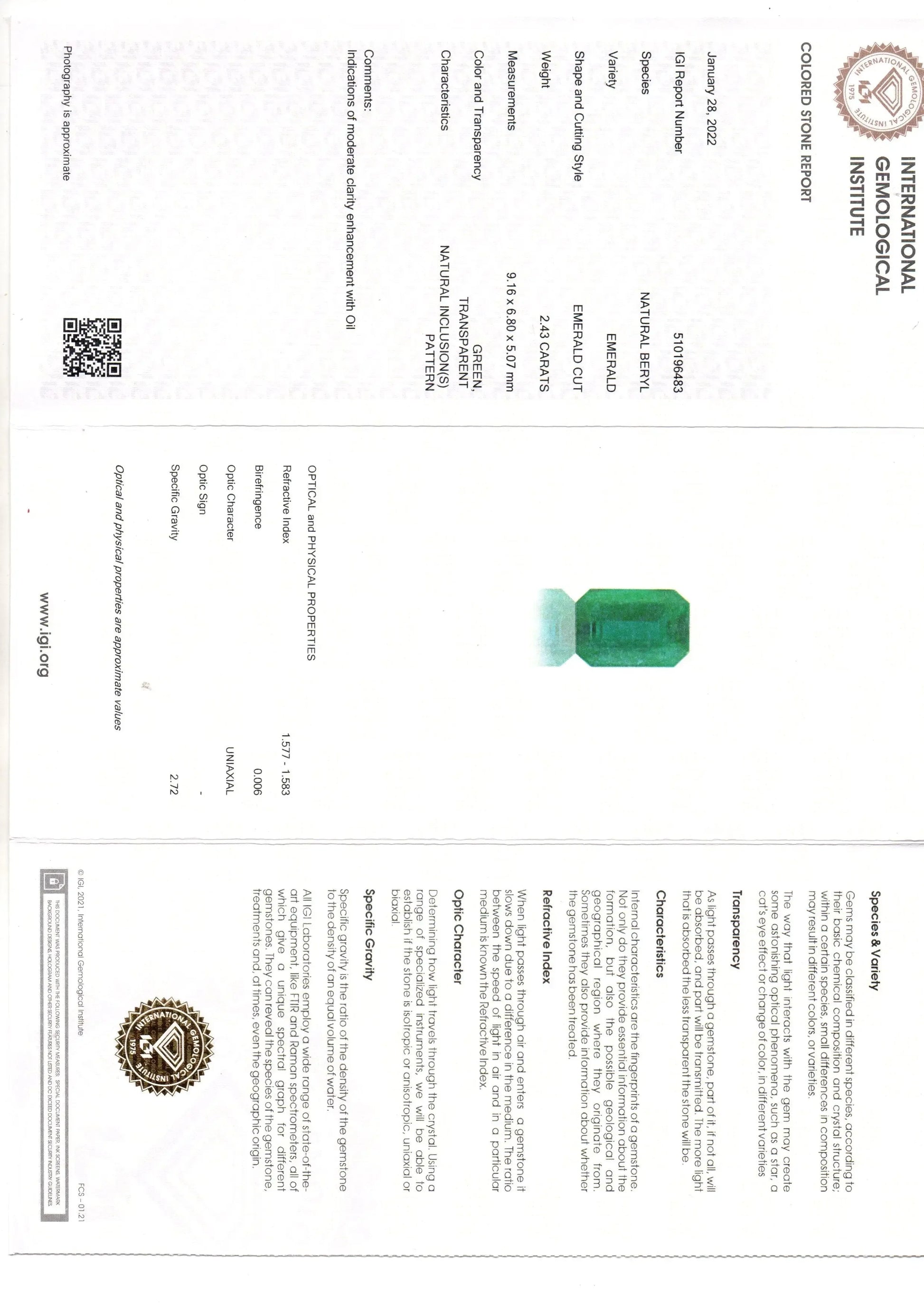 2.43 Ct IGI Certified Untreated Natural Zambian Emerald Gemstone - Venus Gems