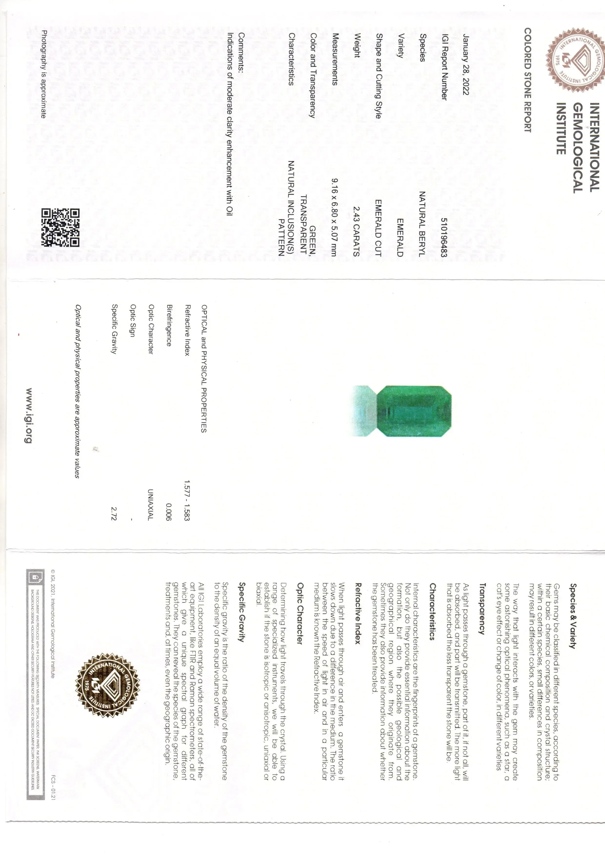 2.43 Ct IGI Certified Untreated Natural Zambian Emerald Gemstone - Venus Gems