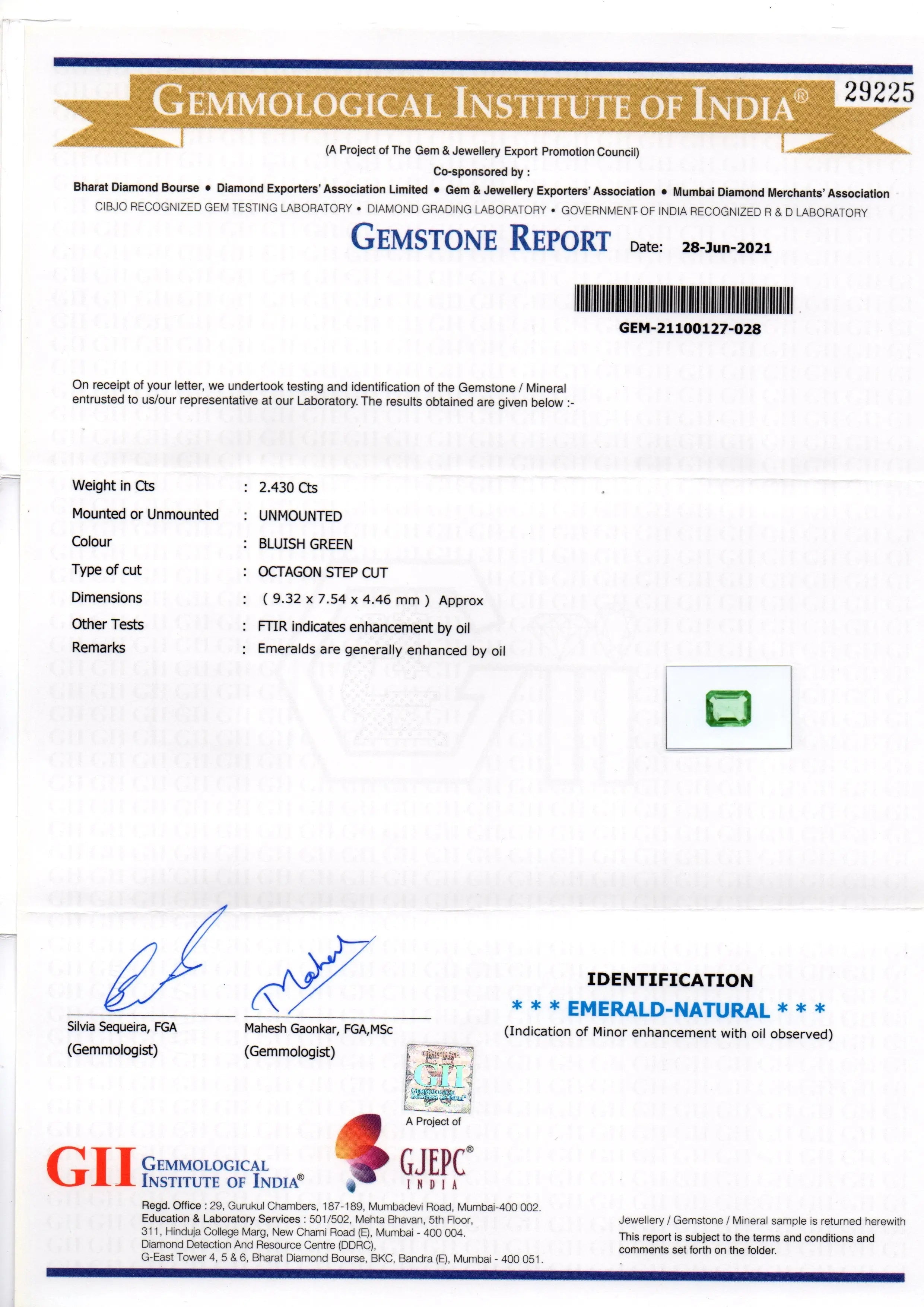 2.43 Ct GII Certified Untreated Natural Zambian Emerald Gemstone AAAAA