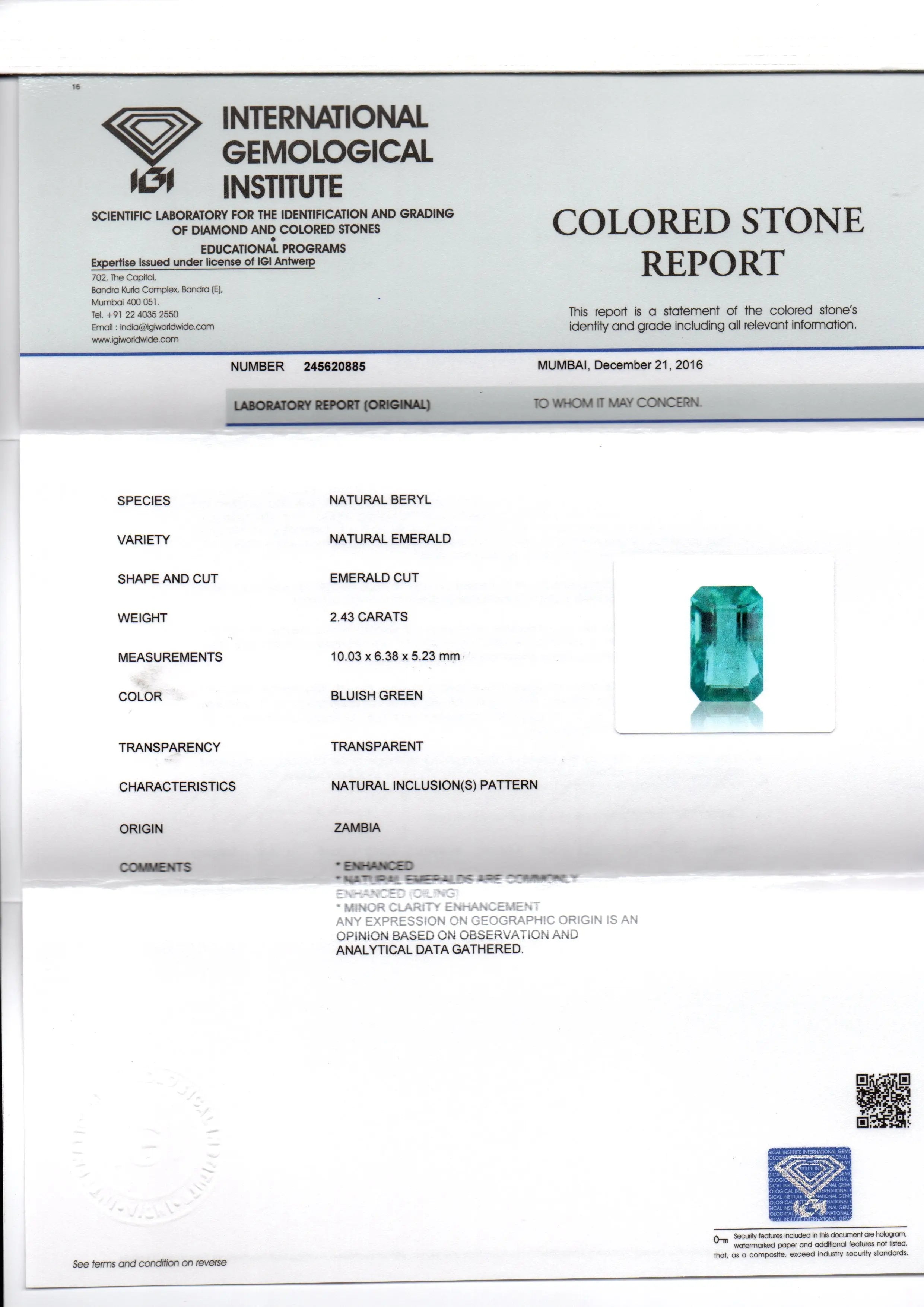 2.43 Ct Untreated Natural Zambian Emerald Gemstone Panna AAAAA