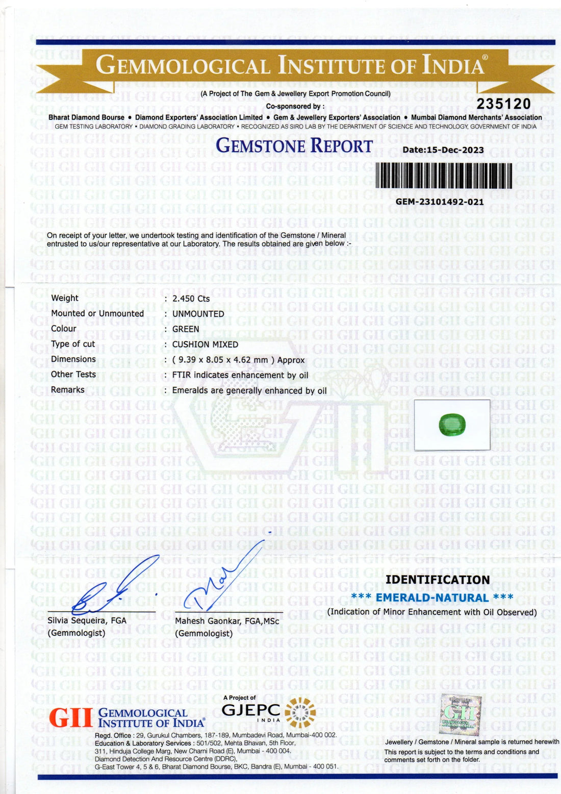 2.45 Ct GII Certified Untreated Natural Zambian Emerald Panna AAAA - Venus Gems