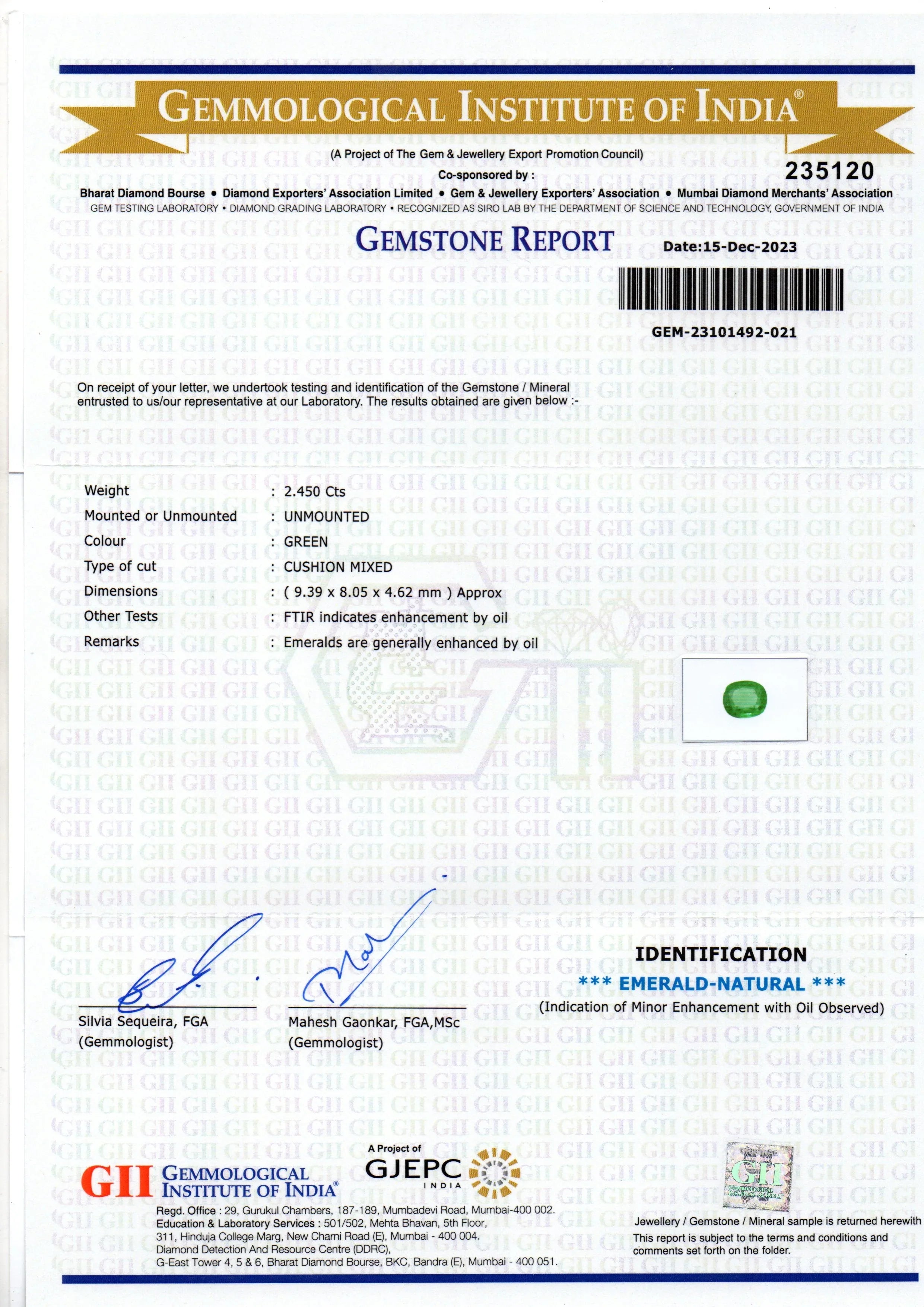 2.45 Ct GII Certified Untreated Natural Zambian Emerald Panna AAAA - Venus Gems