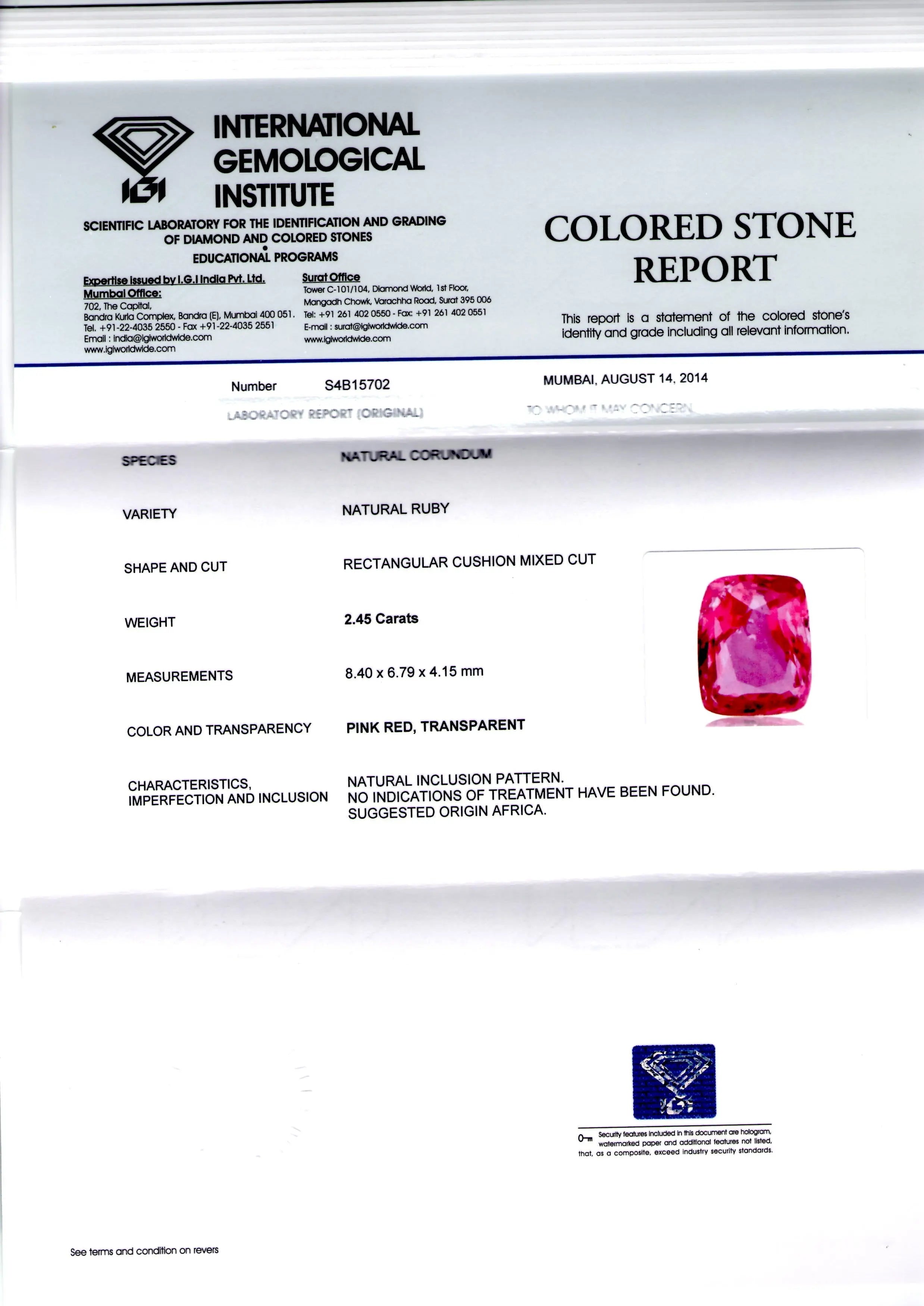 2.45 Ct IGI Certified Unheated Untreated Natural Madagaskar Ruby