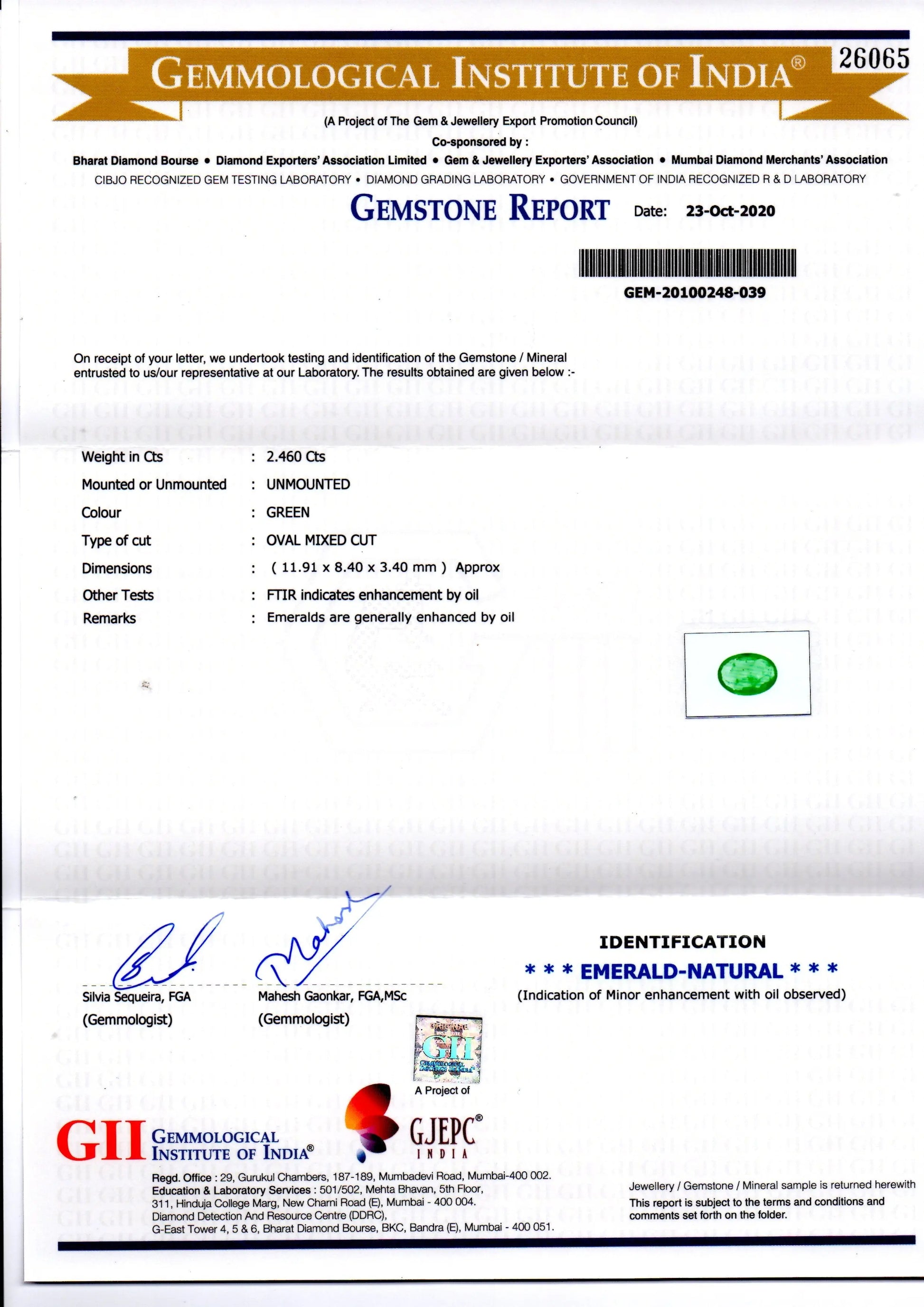 2.46 Ct GII Certified Untreated Natural Zambian Emerald Gems AAA
