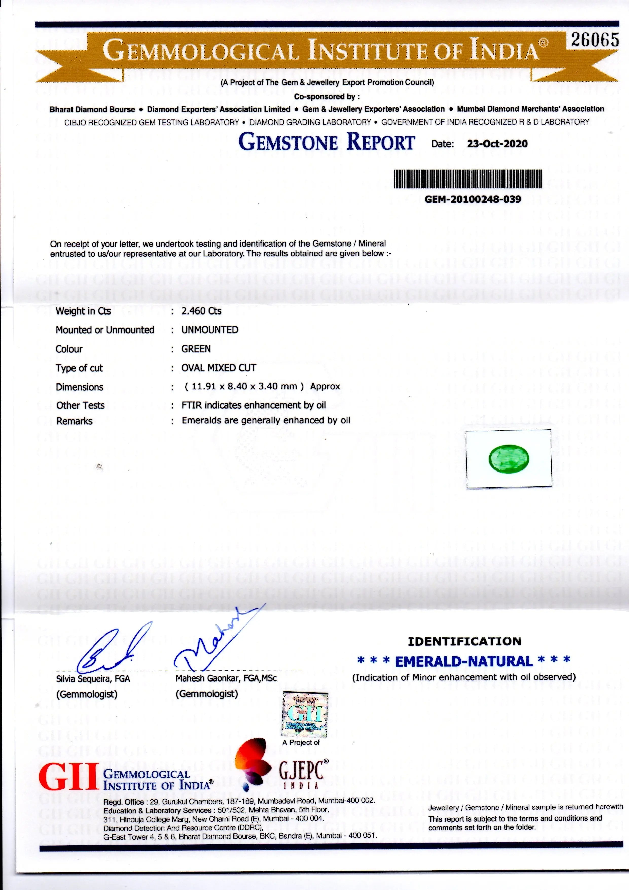 2.46 Ct GII Certified Untreated Natural Zambian Emerald Gems AAA