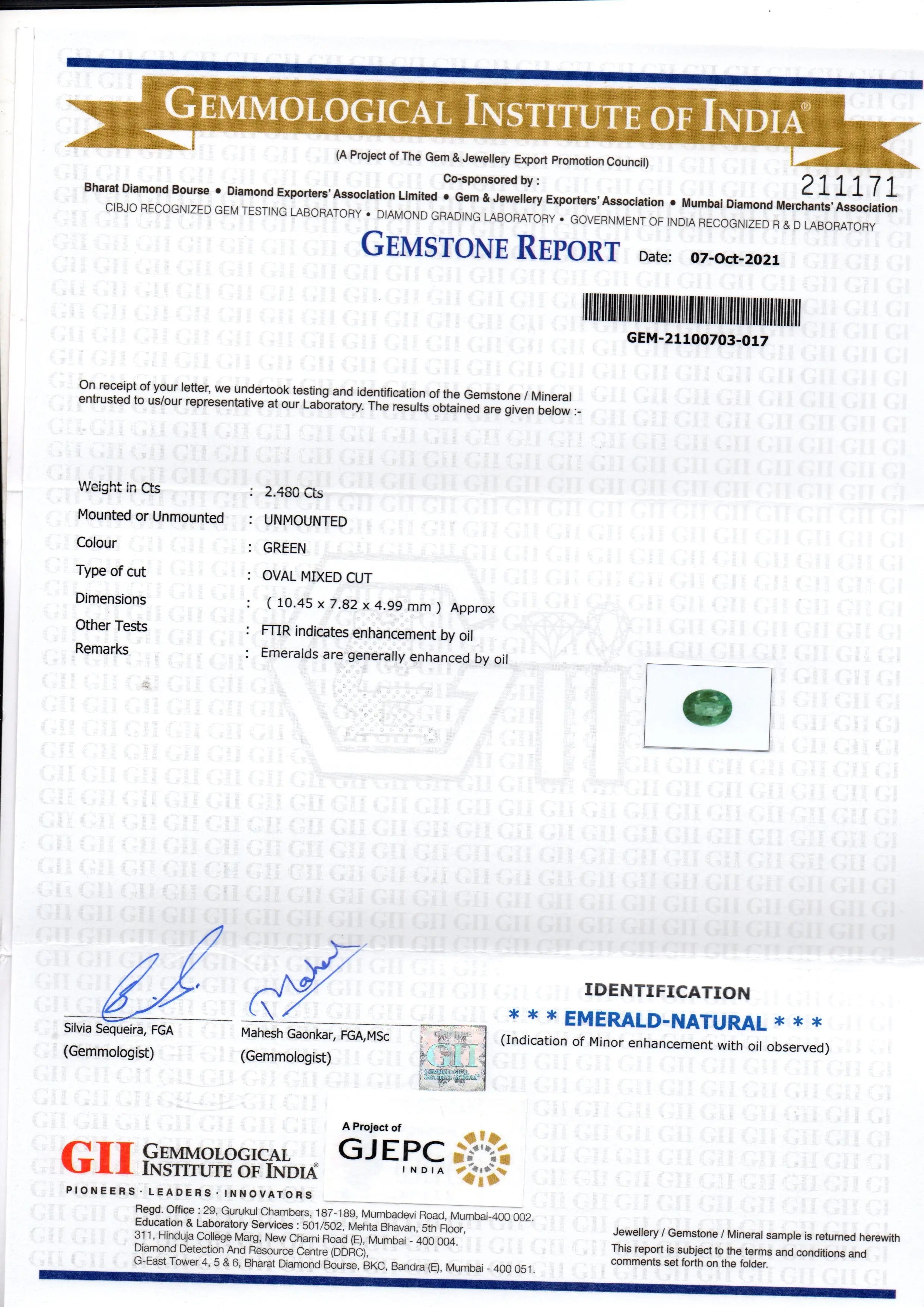 2.48 Ct GII Certified Untreated Natural Zambian Emerald Gemstones