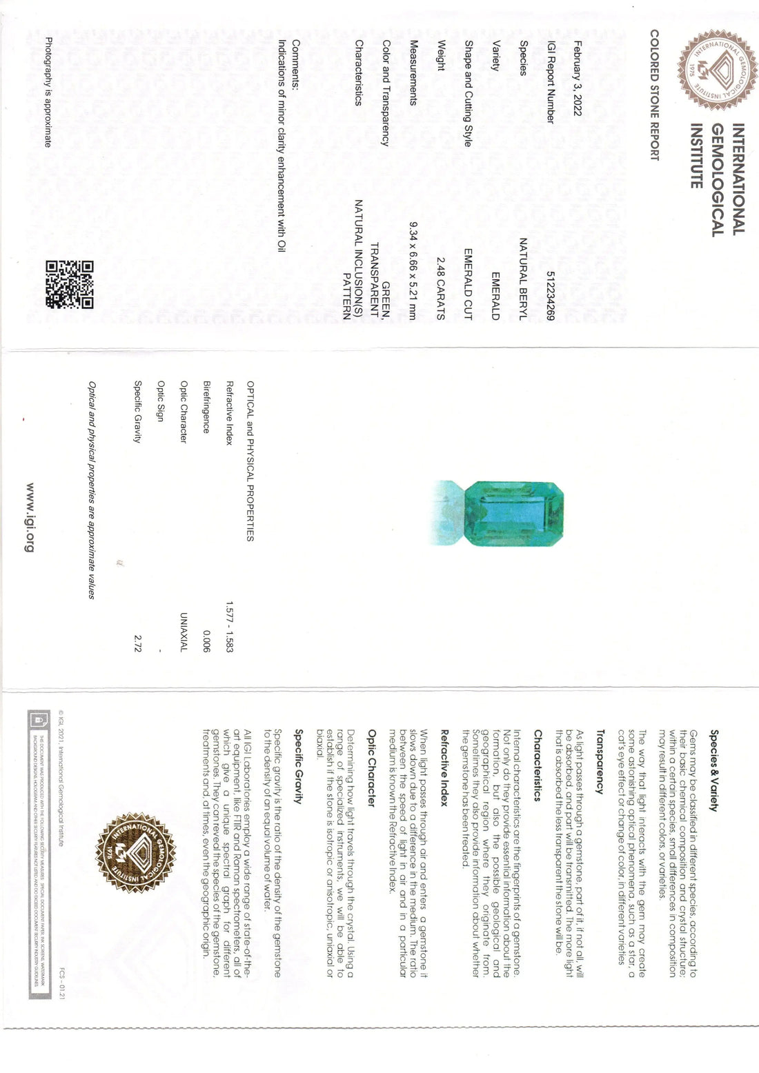 2.48 Ct IGI Certified Untreated Natural Zambian Emerald Gemstone AAA