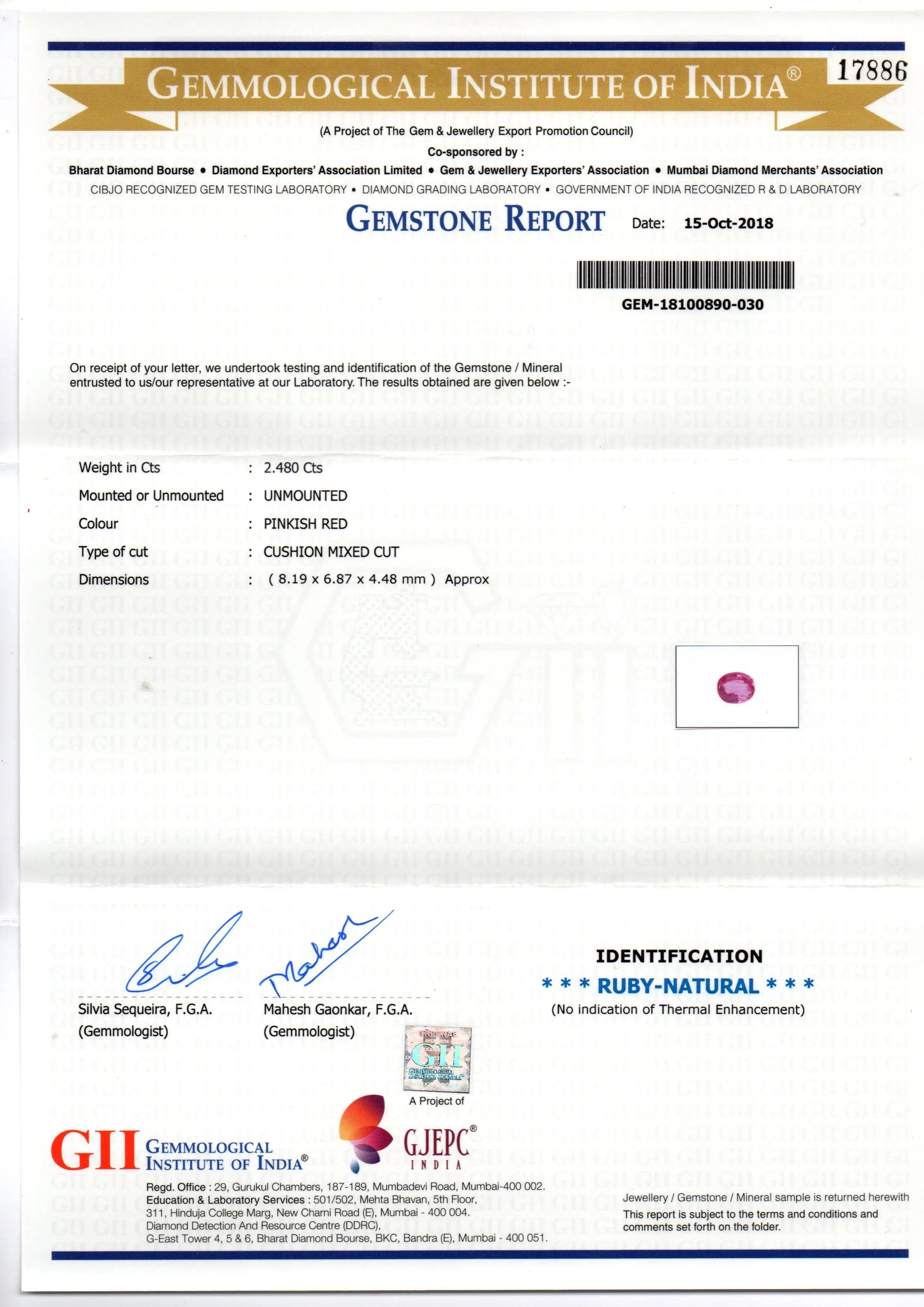 2.48 Ct GII Certified Unheated Untreted Natural Madagaskar Ruby AAA