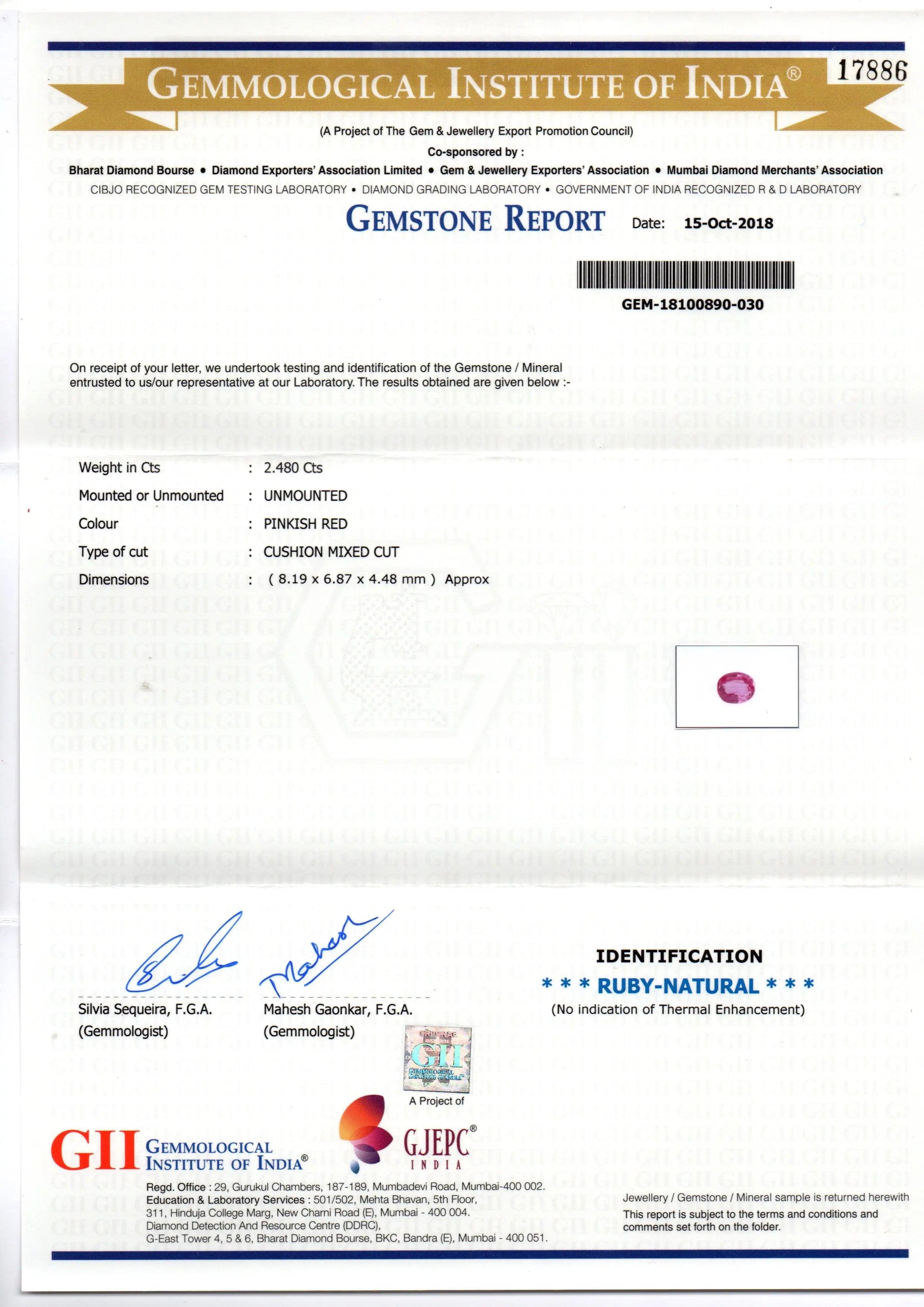 2.48 Ct GII Certified Unheated Untreted Natural Madagaskar Ruby AAA
