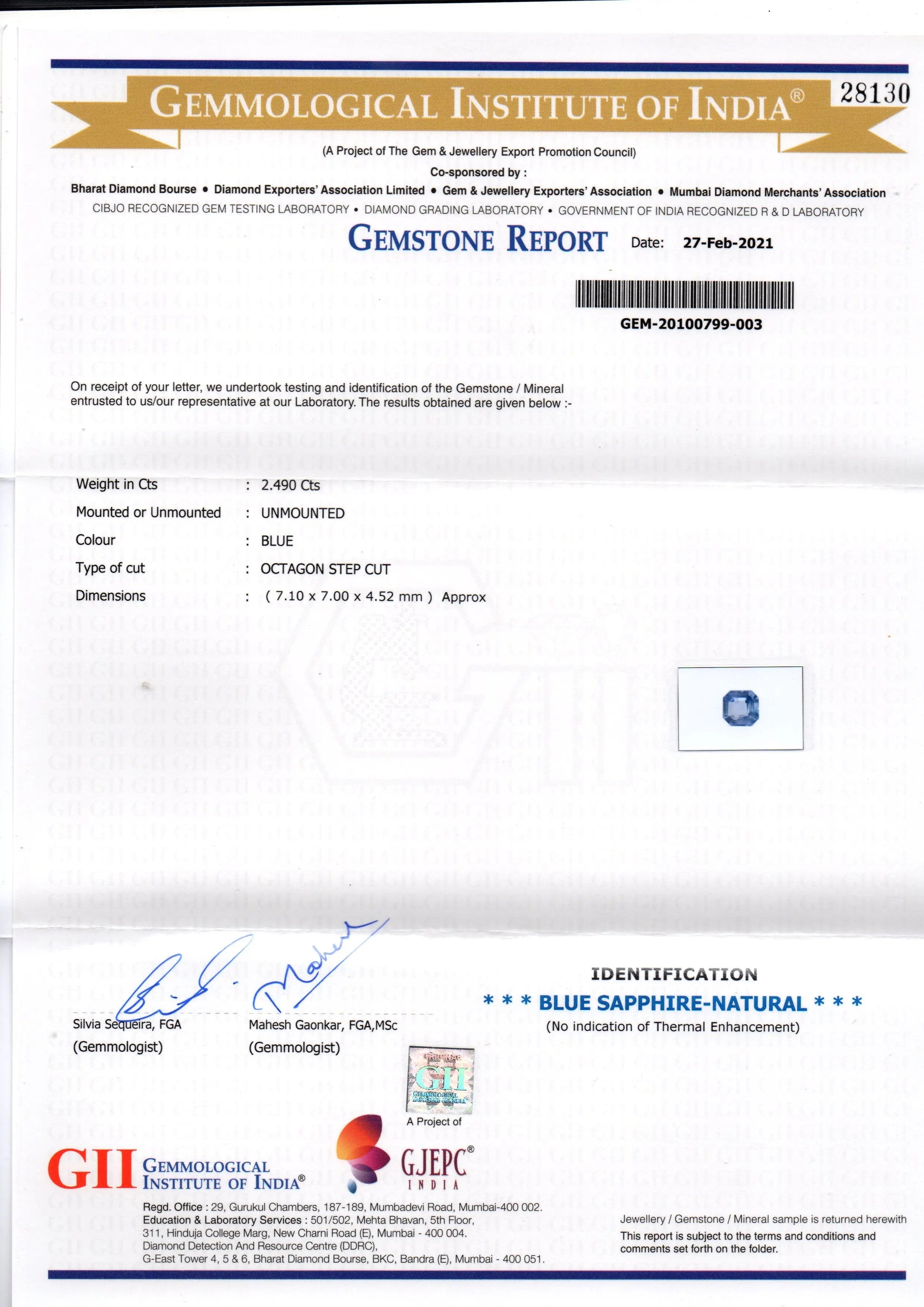2.49 Ct GII Certified Unheated Untreated Natural Ceylon Blue Sapphire AAA