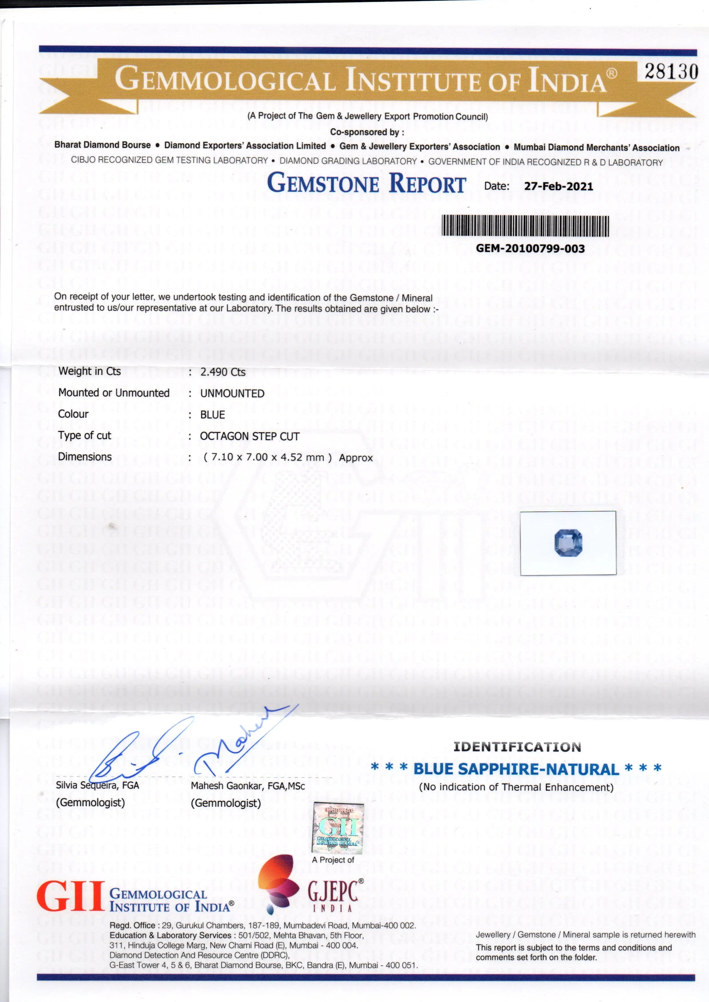 2.49 Ct GII Certified Unheated Untreated Natural Ceylon Blue Sapphire AAA