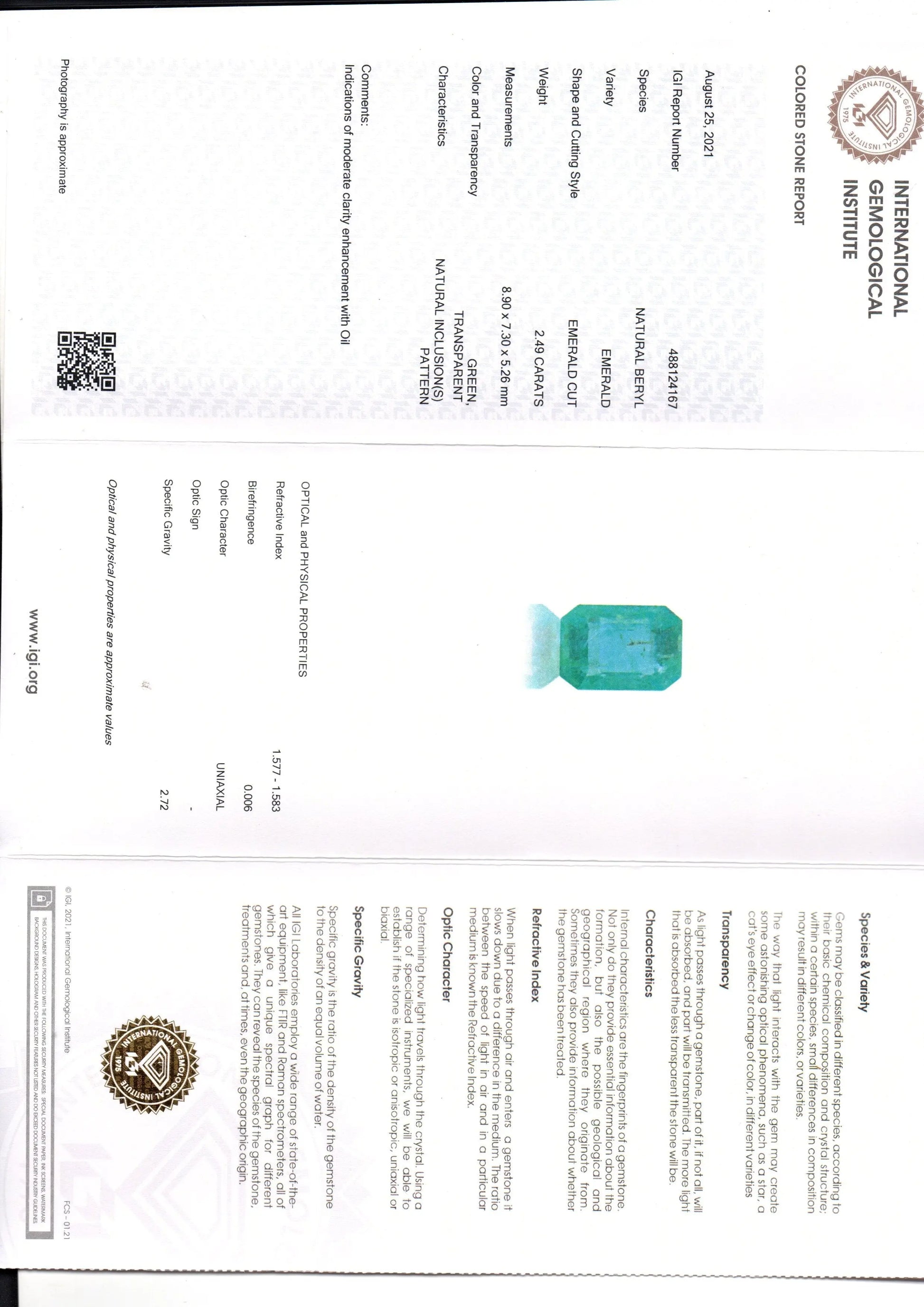 2.49 Ct IGI Certified Untreated Natural Zambian Emerald Gems AAA