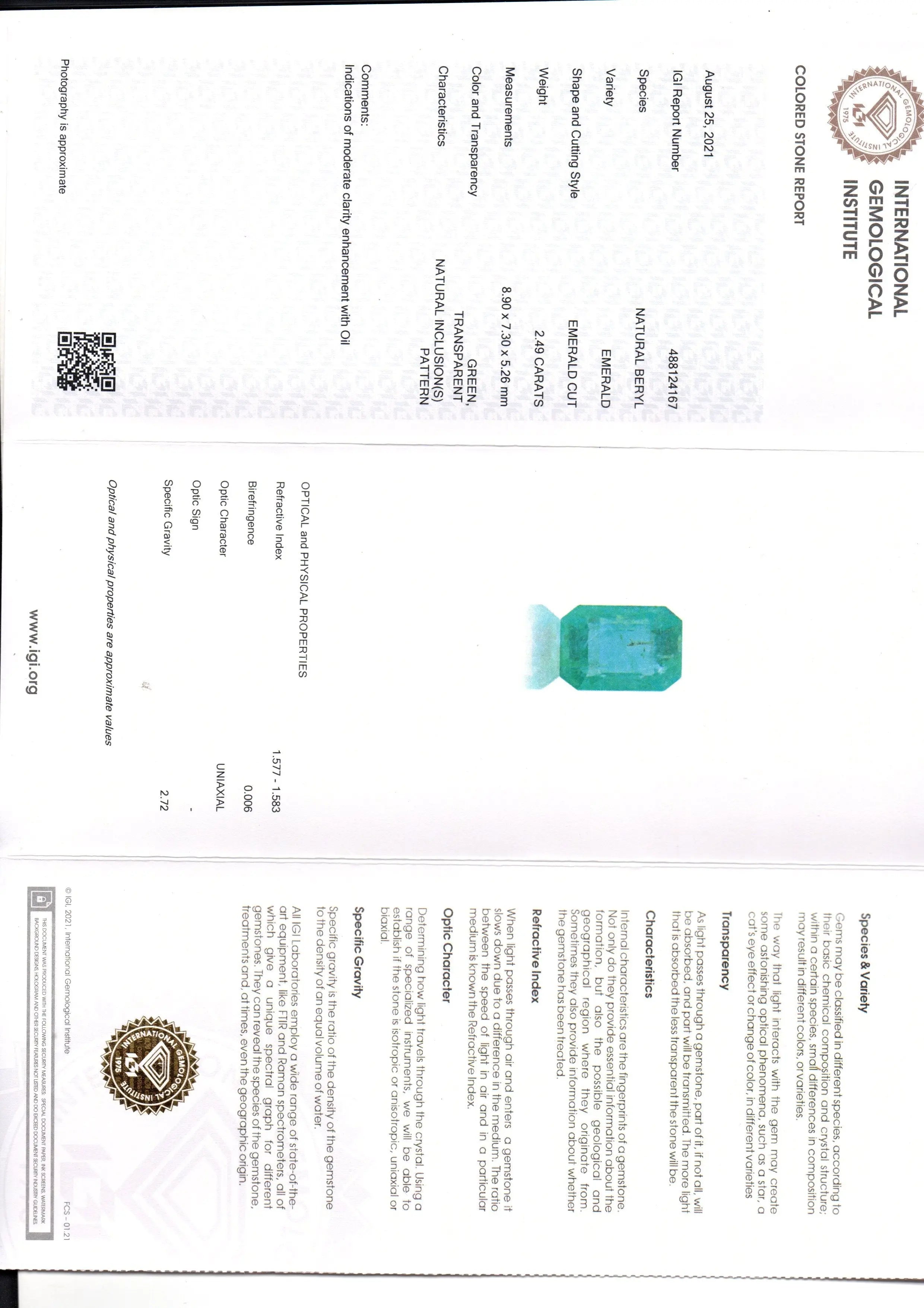 2.49 Ct IGI Certified Untreated Natural Zambian Emerald Gems AAA