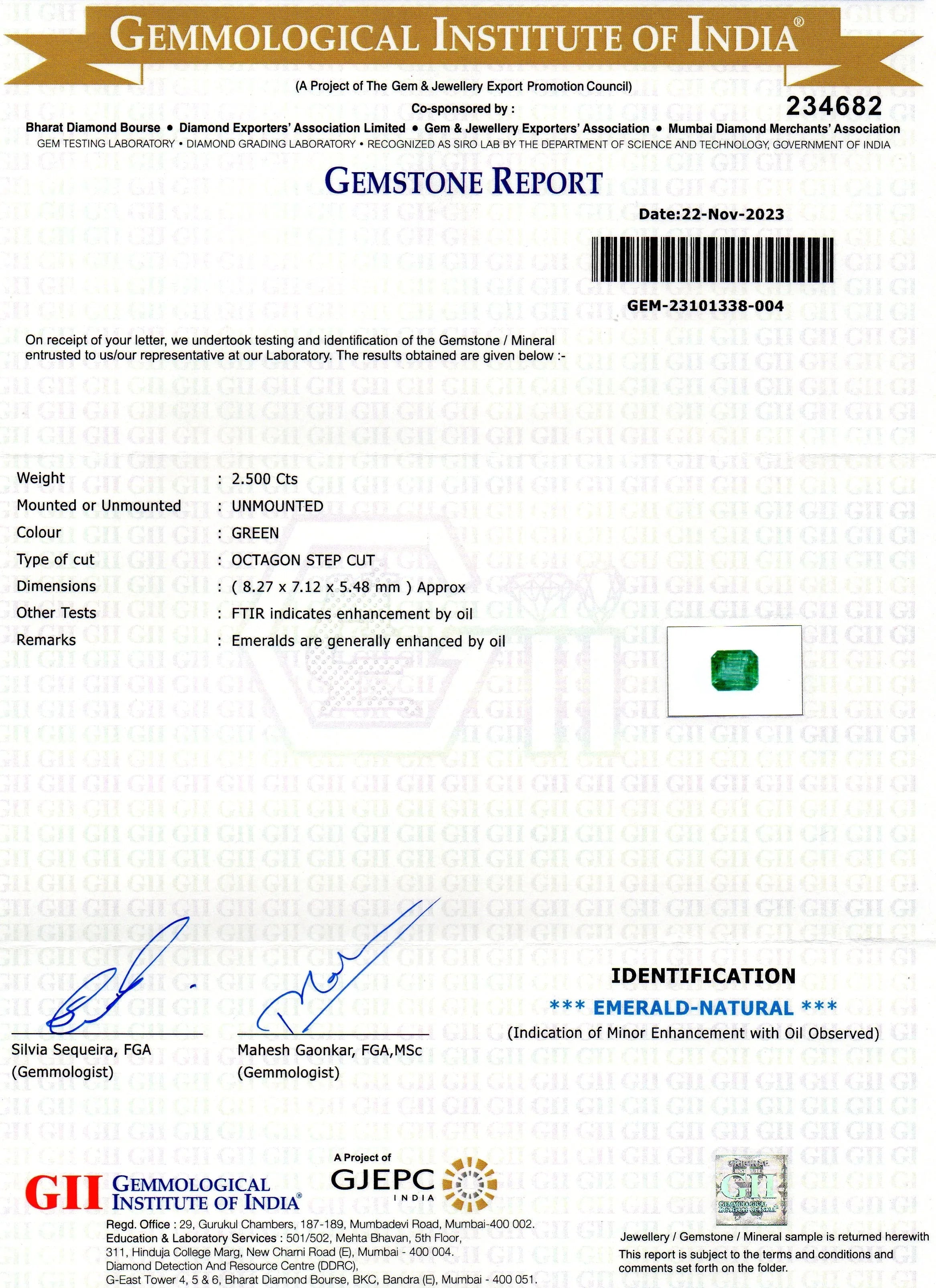 2.50 Ct GII Certified Untreated Natural Zambian Emerald Panna Gems - Venus Gems