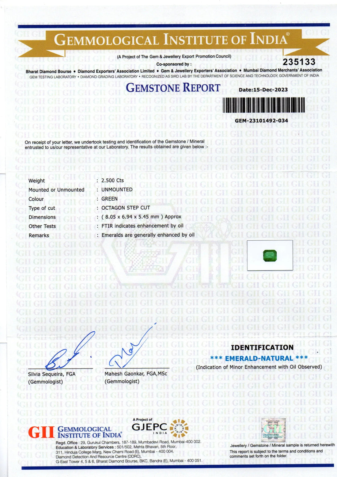 2.50 Ct GII Certified Untreated Natural Zambian Emerald Panna AAA - Venus Gems