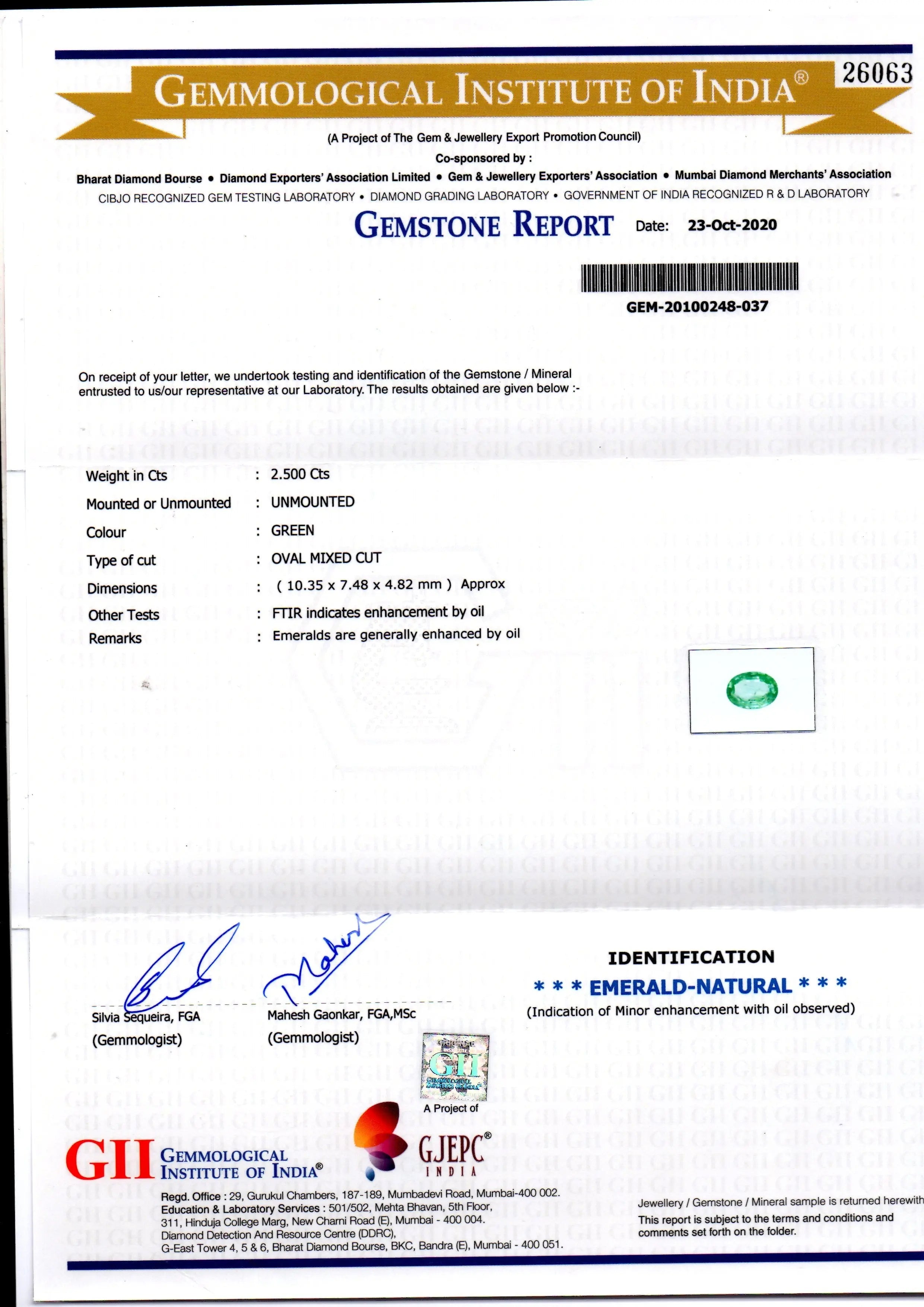 2.50 Ct GII Certified Untreated Natural Zambian Emerald Gems AAA