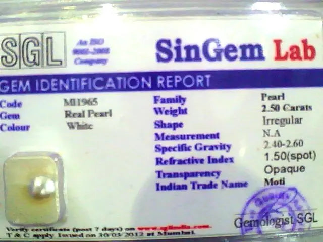2.50 Ct Certified Natural Venunjula Real Pearl/Real Moti