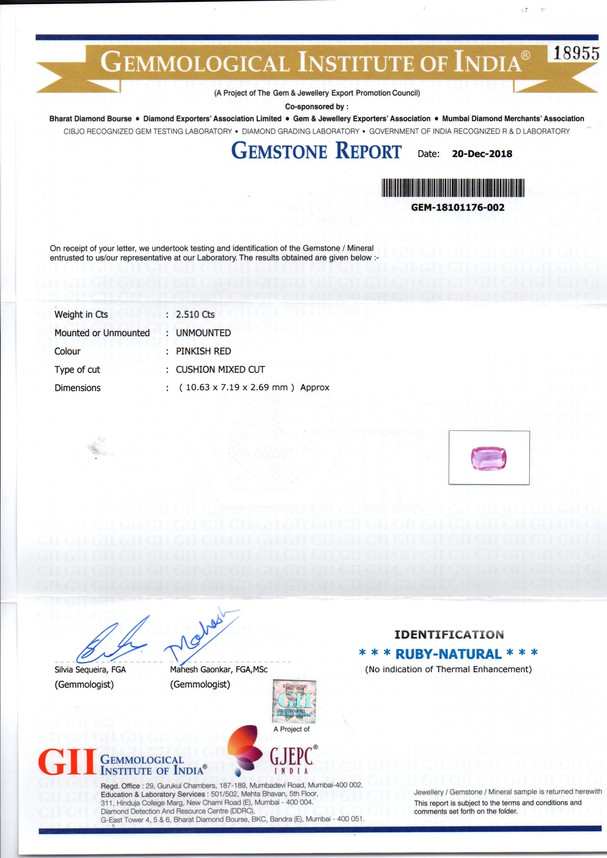 2.51 Ct GII Certified Unheated Untreated Natural Madagaskar Ruby AAA