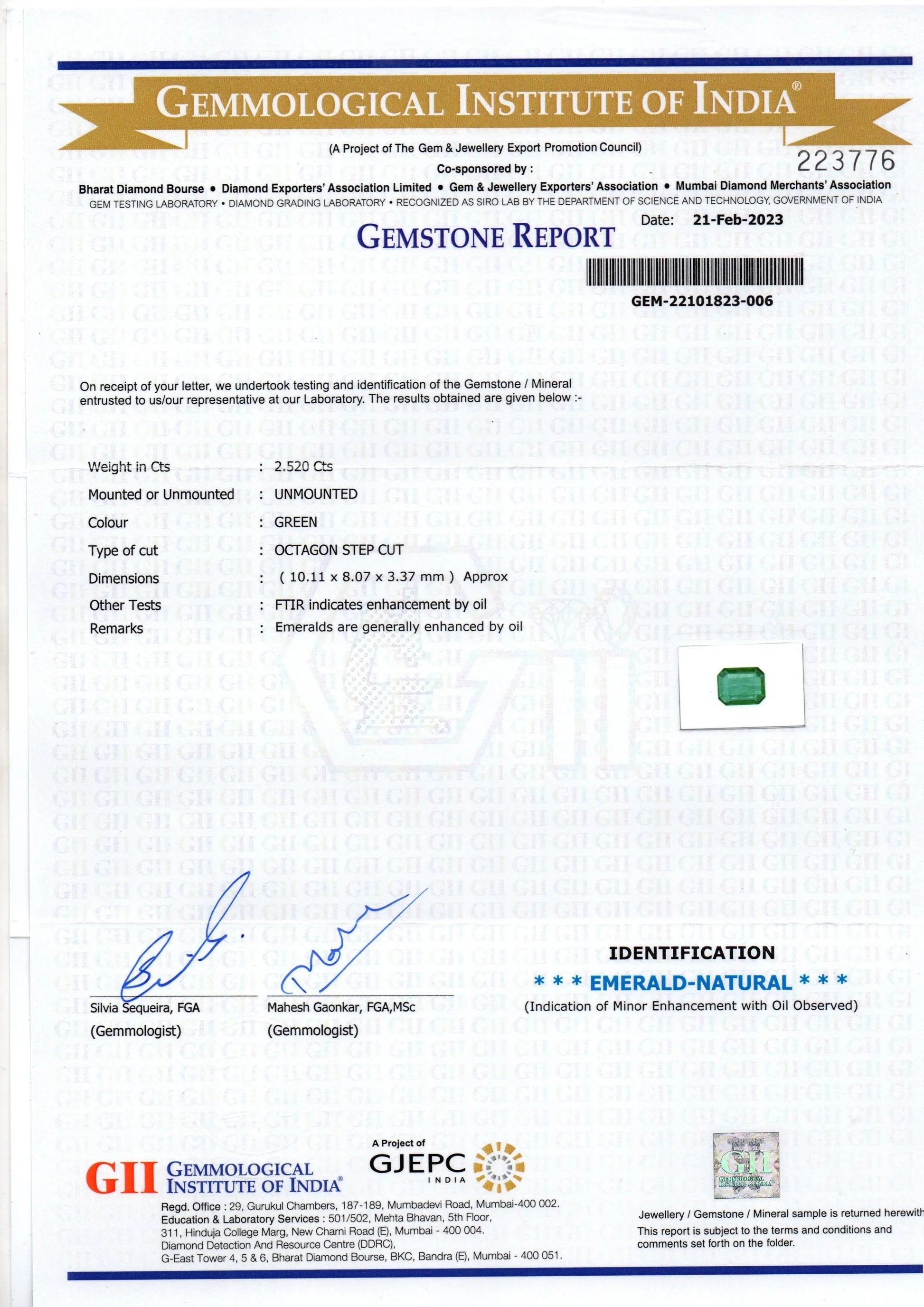 2.52 Ct GII Certified Untreated Natural Zambian Emerald Gemstone Panna AA