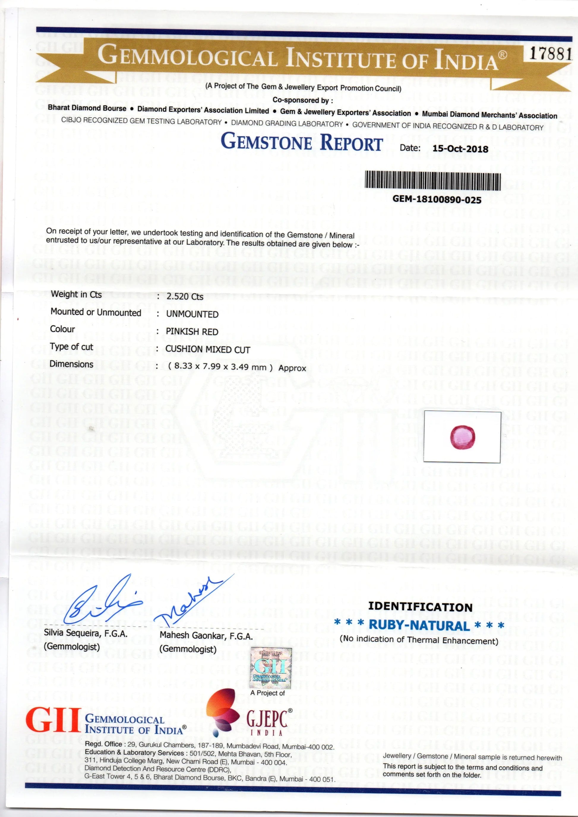 2.52 Ct GII Certified Unheated Untreted Natural Madagaskar Ruby AAA