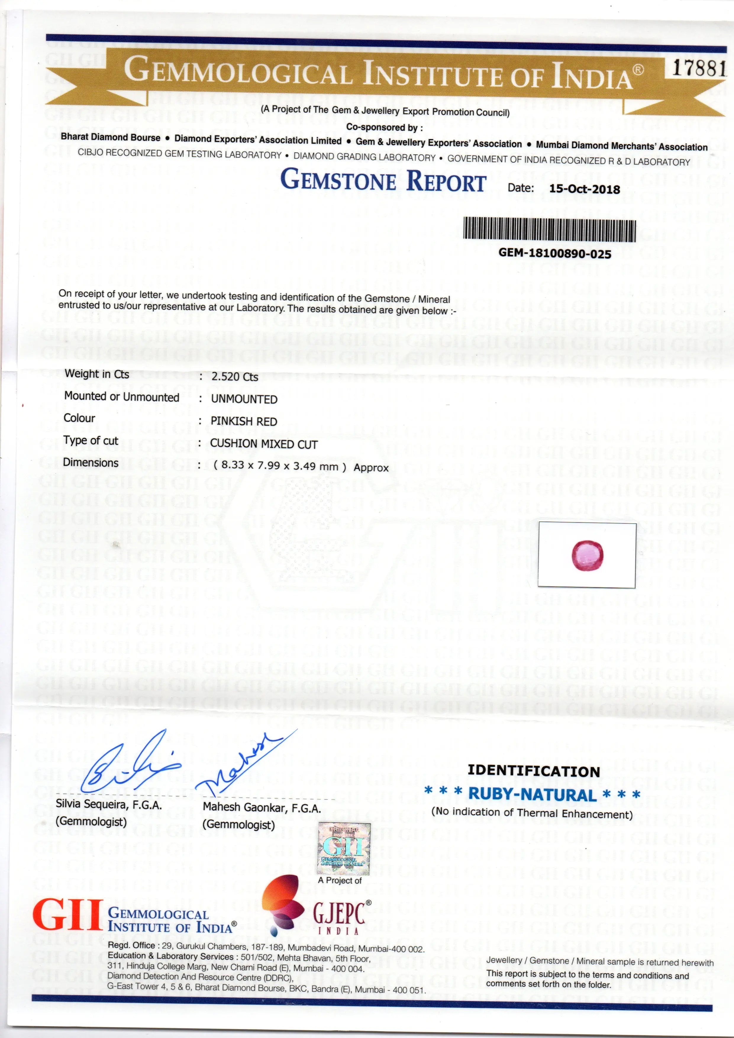 2.52 Ct GII Certified Unheated Untreted Natural Madagaskar Ruby AAA