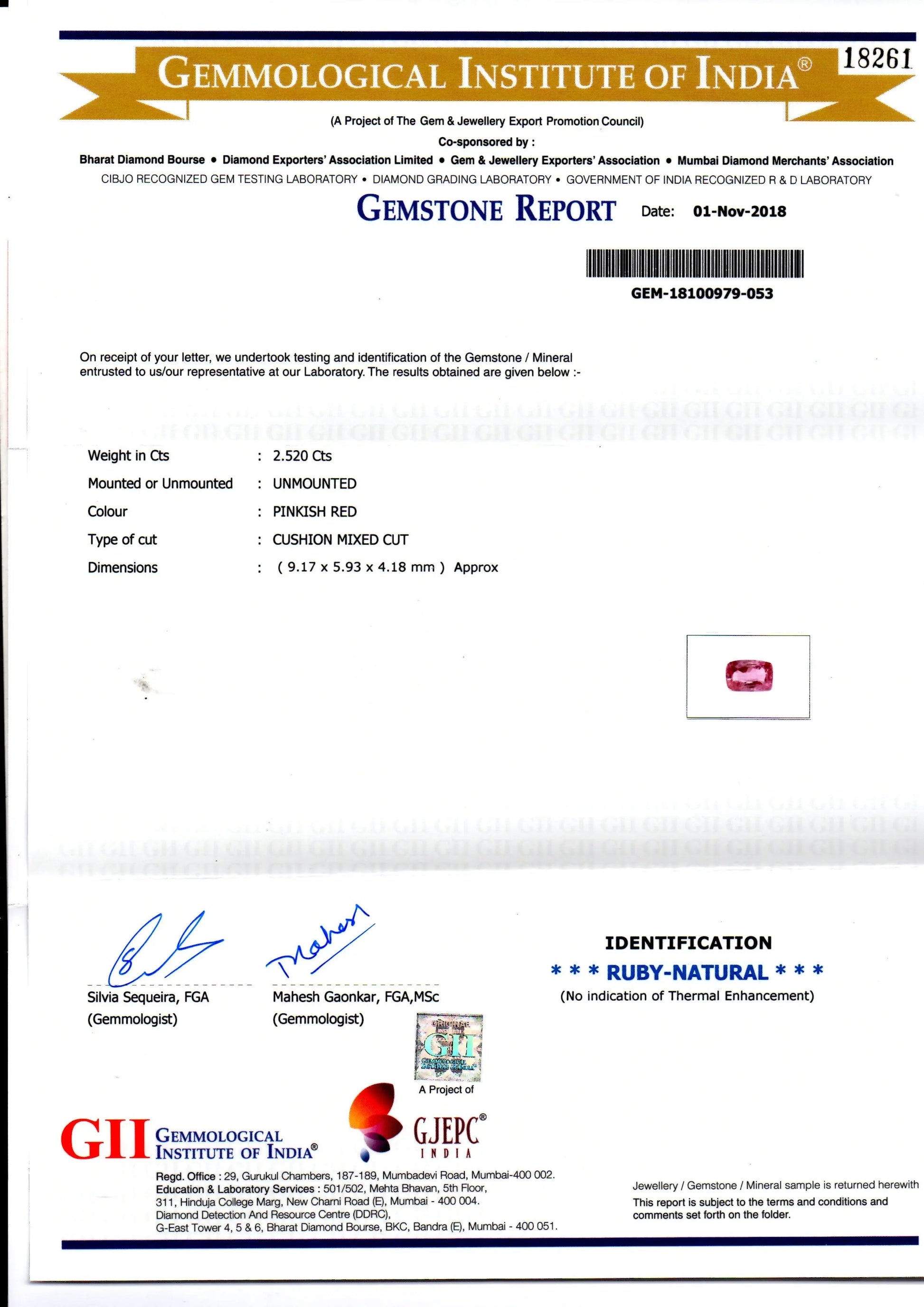 2.52 Ct GII Certified Unheated Untreated Natural Madagaskar Ruby AA