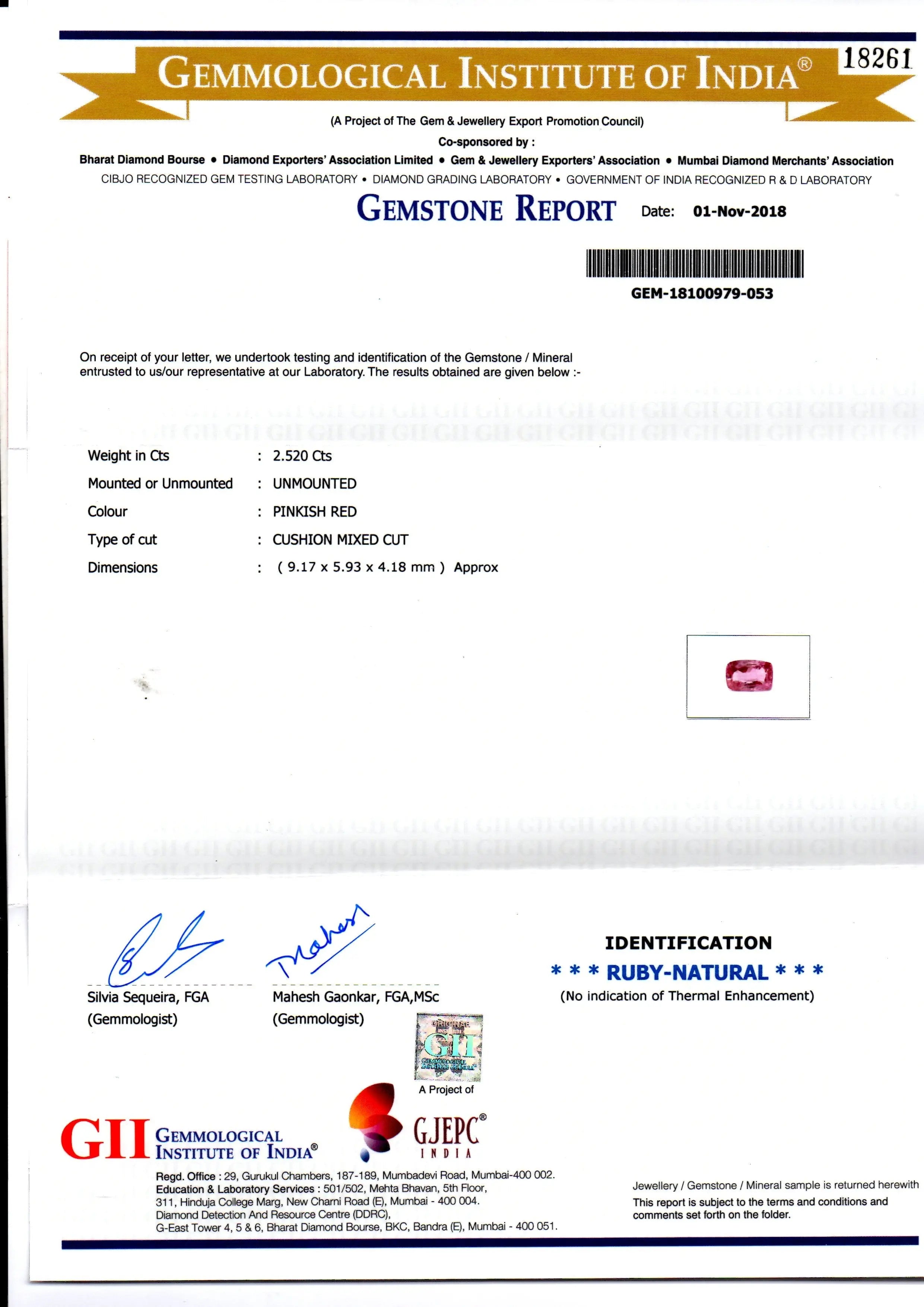 2.52 Ct GII Certified Unheated Untreated Natural Madagaskar Ruby AA