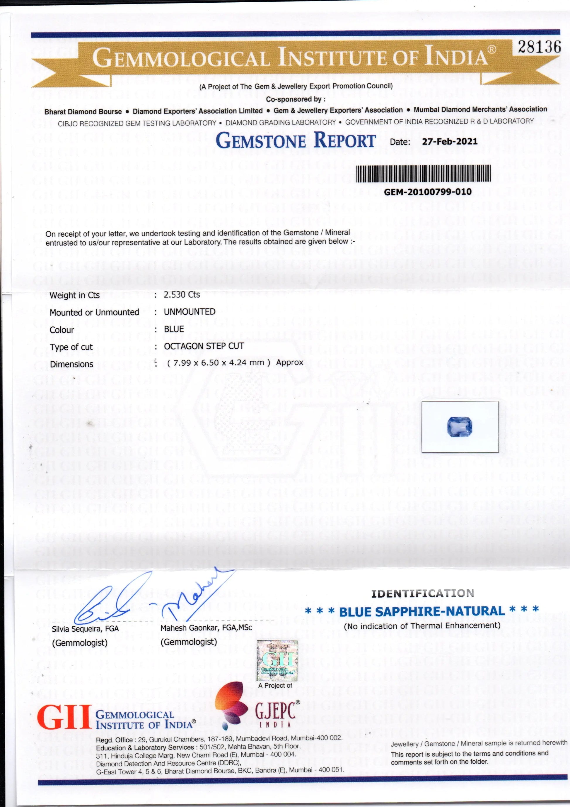 2.53 Ct GII Certified Unheated Untreated Natural Ceylon Blue Sapphire AAA