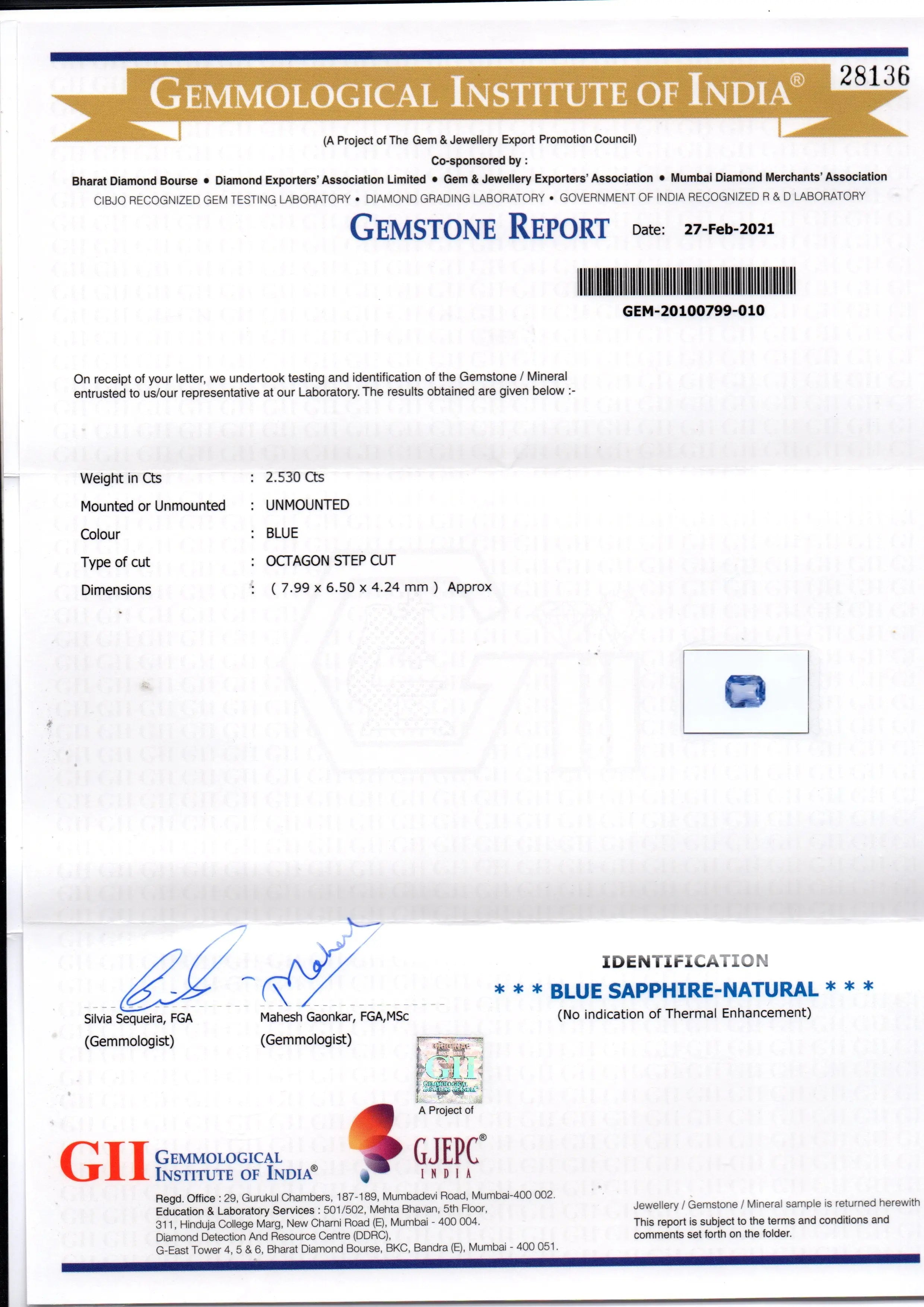 2.53 Ct GII Certified Unheated Untreated Natural Ceylon Blue Sapphire AAA
