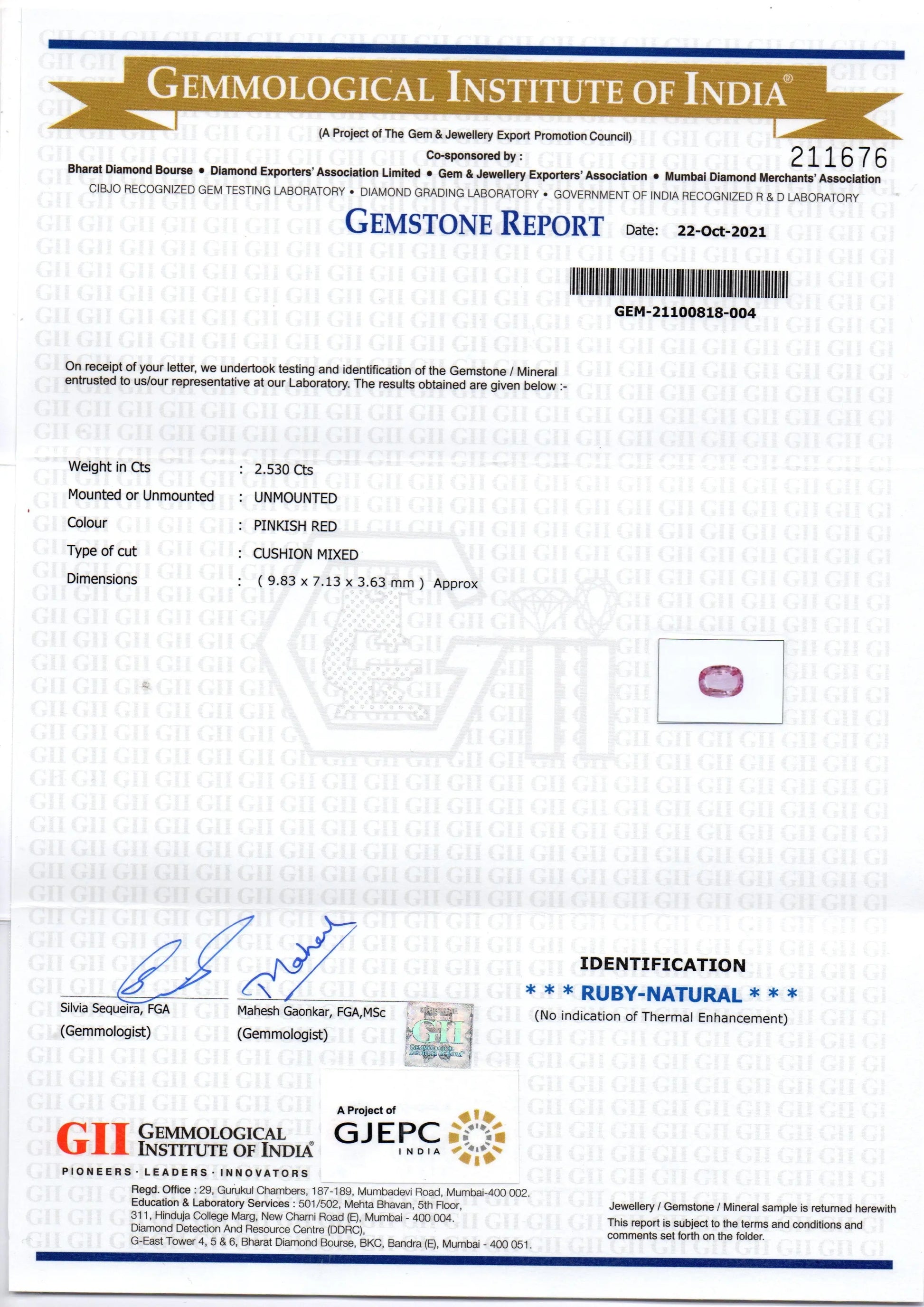2.53 Ct GII Certified Unheated Untreted Natural Madagaskar Ruby Gems