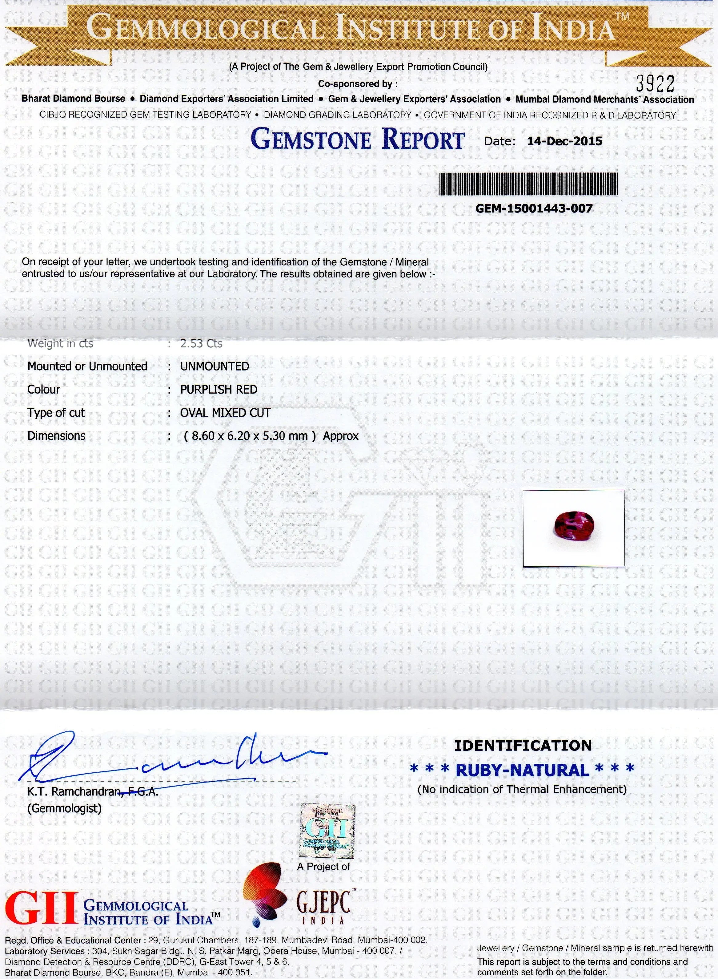 2.53 Ct Certified Unheated Untreated Natural Madagaskar Ruby