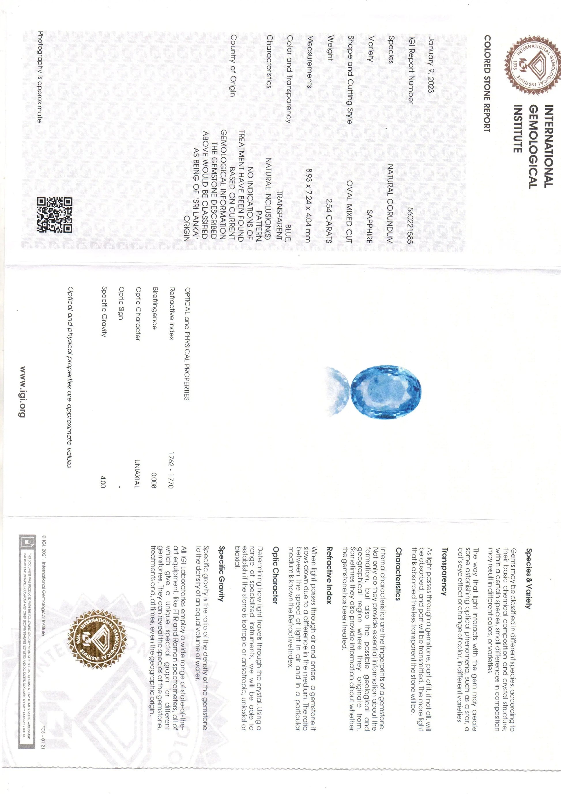 2.54 Ct IGI Certified Unheaated Untreated Natural Ceylon Blue Sapphire AA