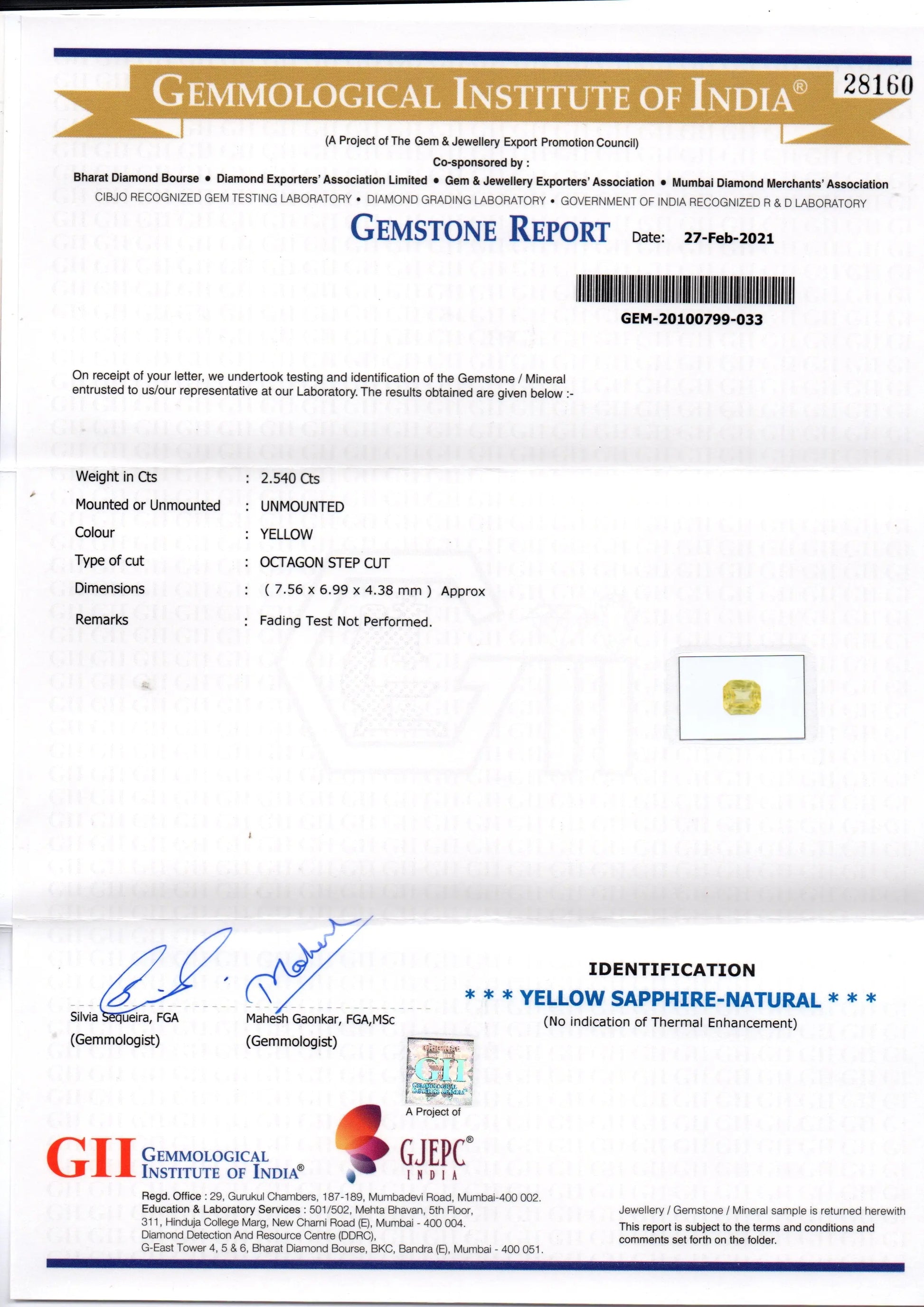2.54 Ct GII Certified Unheated Untreated Natural Ceylon Yellow Sapphire AAA