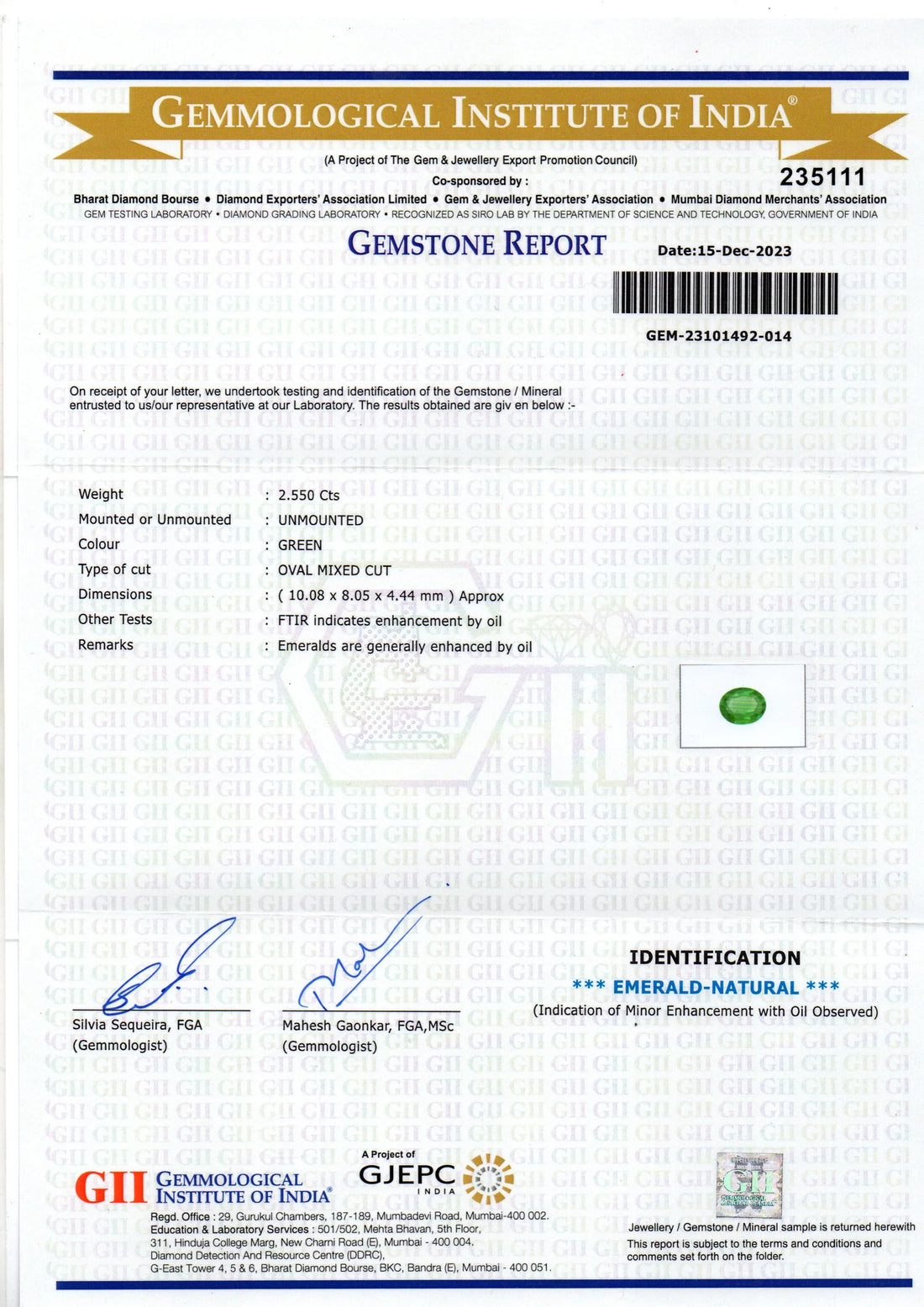 2.55 Ct GII Certified Untreated Natural Zambian Emerald Panna AAA - Venus Gems