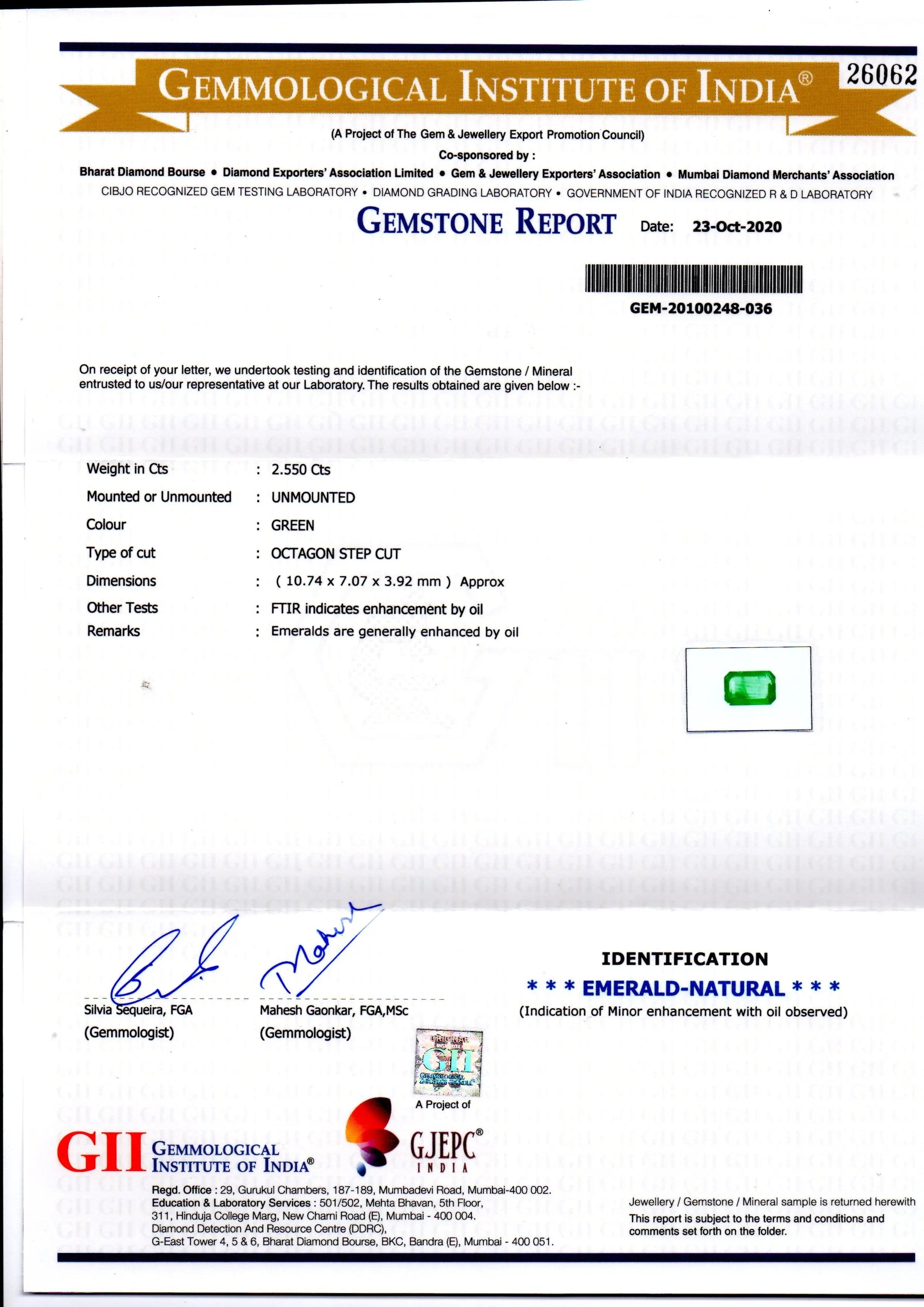 2.55 Ct GII Certified Untreated Natural Zambian Emerald Gems AAA