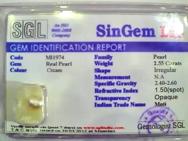2.55 Ct 4.25 Ratti Certified Natural Venunjula Real Pearl/Real Moti