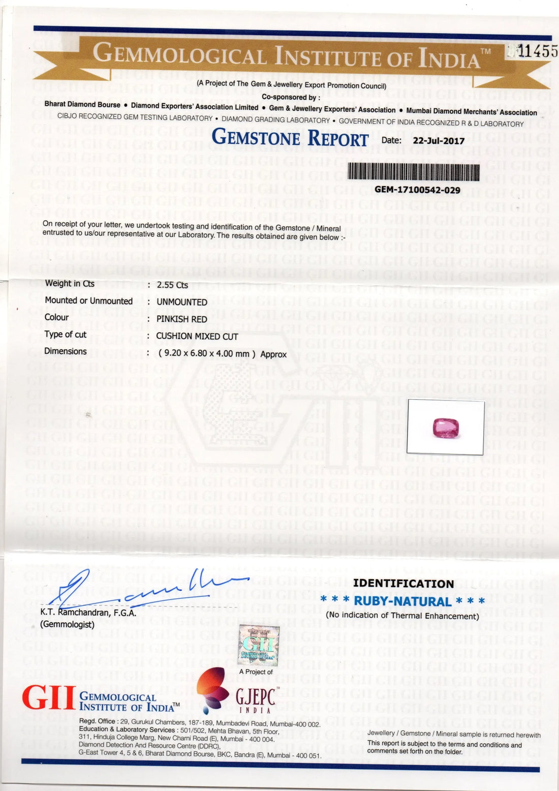 2.55 Ct GII Certified Unheated Untreted Natural Madagaskar Ruby AAA - Venus Gems