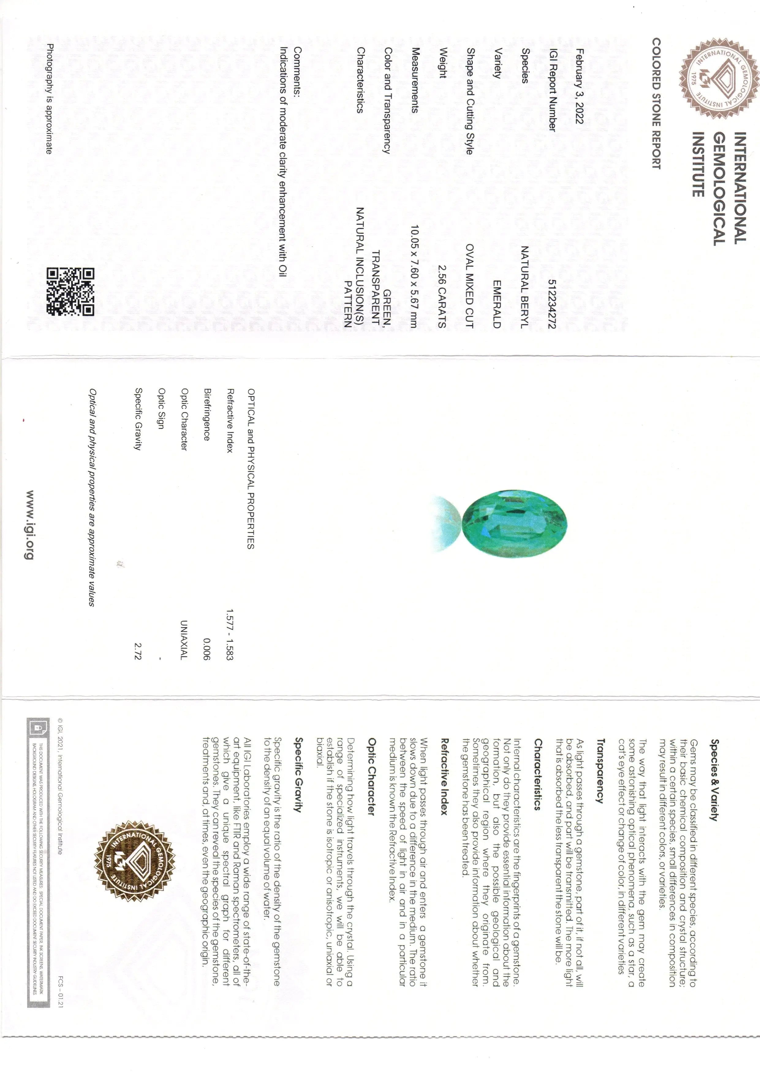 2.56 Ct IGI Certified Untreated Natural Zambian Emerald Gemstone AAA