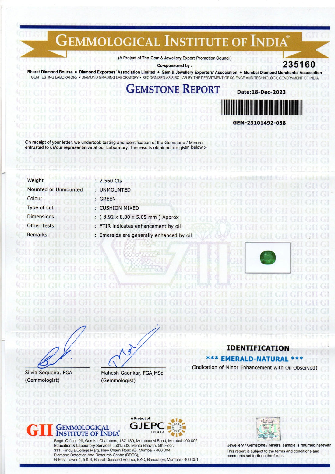 2.56 Ct GII Certified Untreated Natural Zambian Emerald Panna AAA - Venus Gems