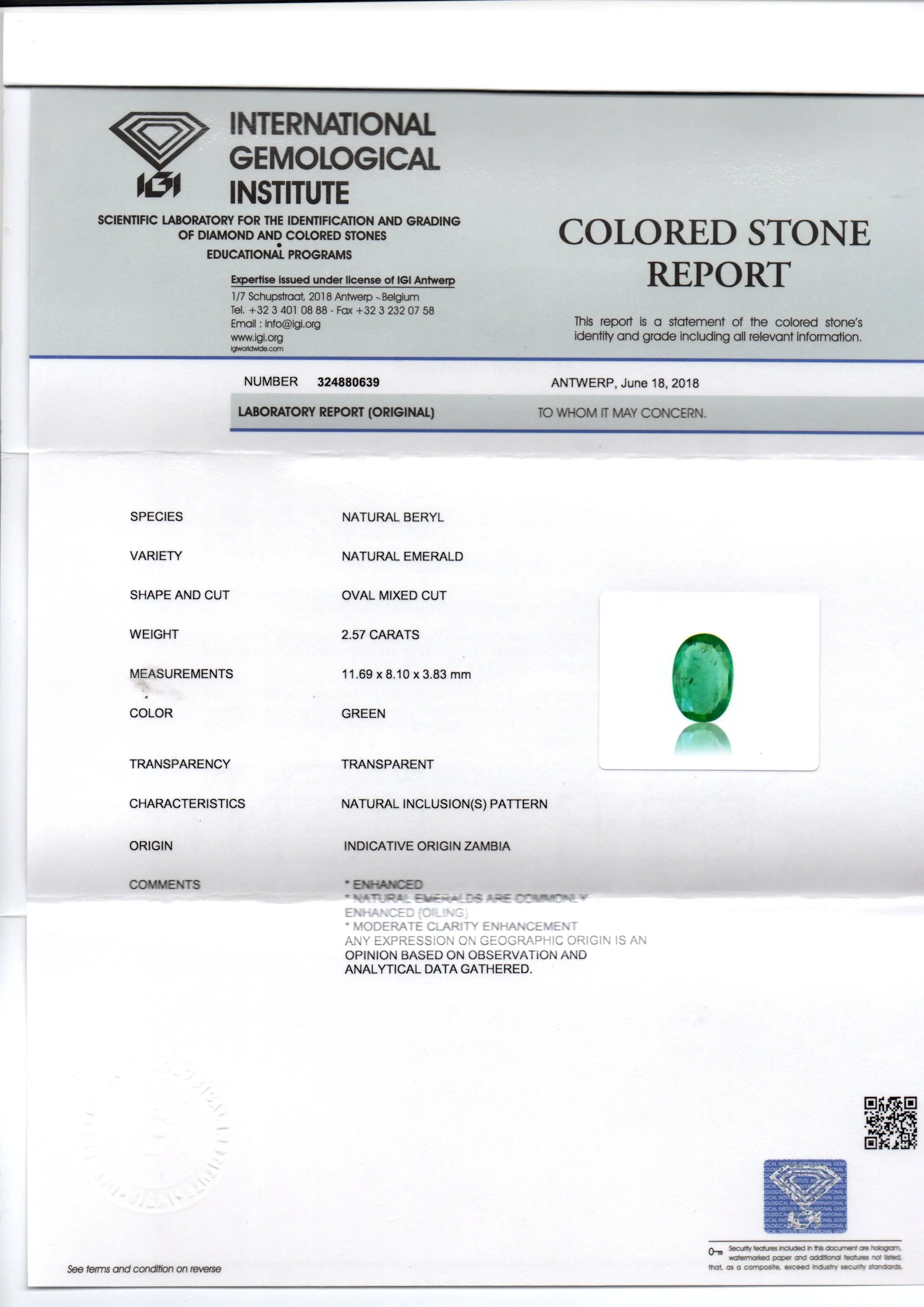 2.57 Ct IGI Certified Untreated Natural Zambian Emerald Gemstone AAA