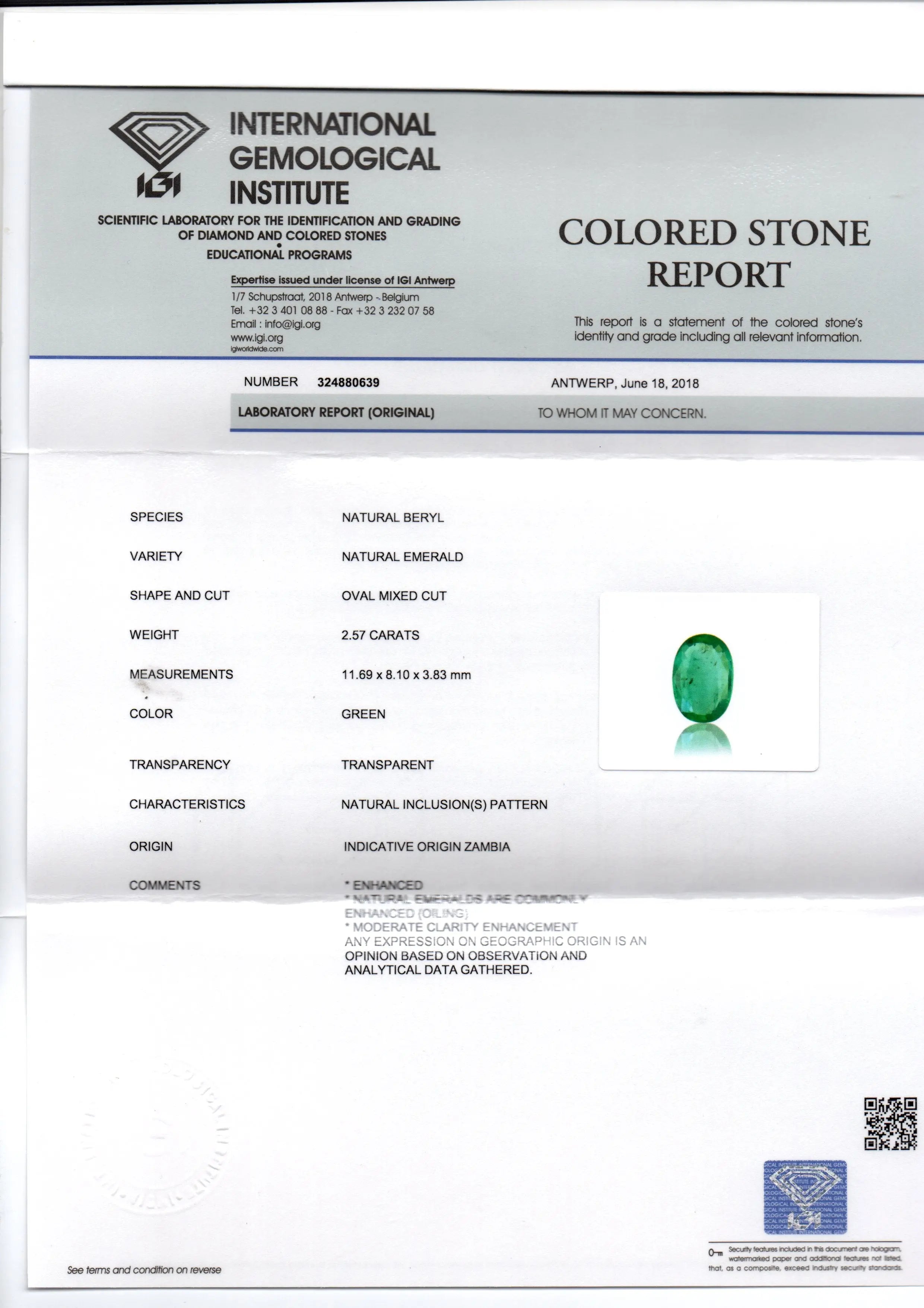2.57 Ct IGI Certified Untreated Natural Zambian Emerald Gemstone AAA