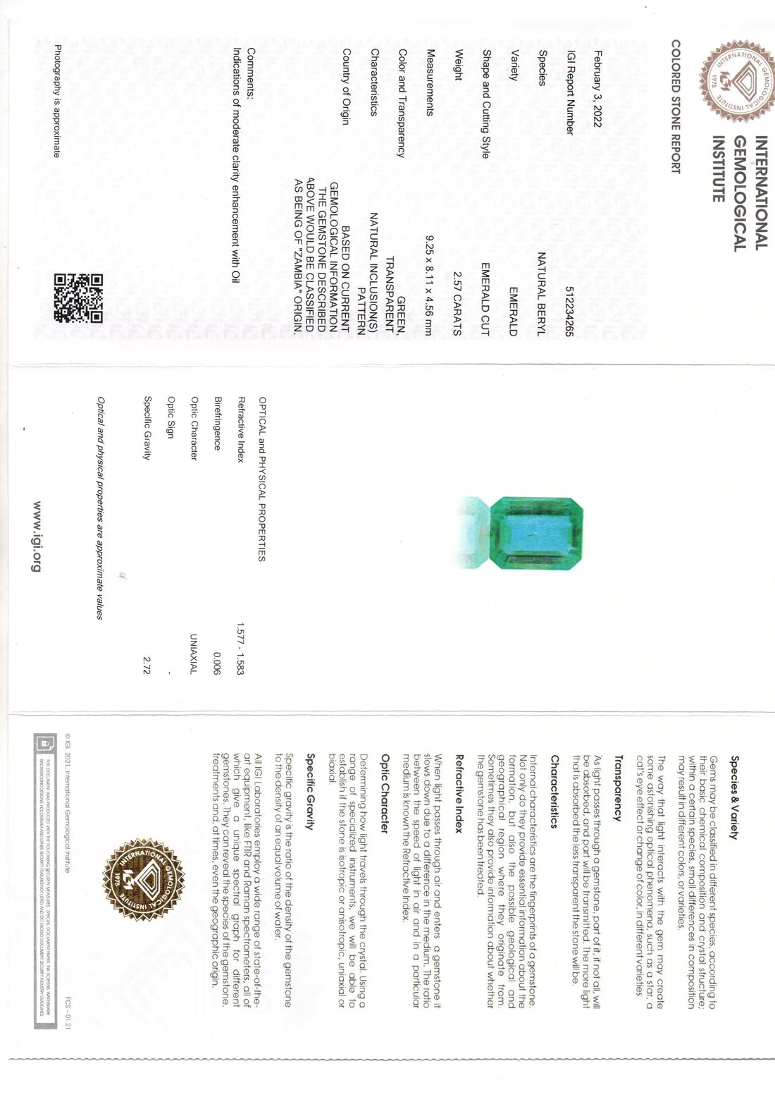 2.57 Ct IGI Certified Untreated Natural Zambian Emerald Gemstone AAA