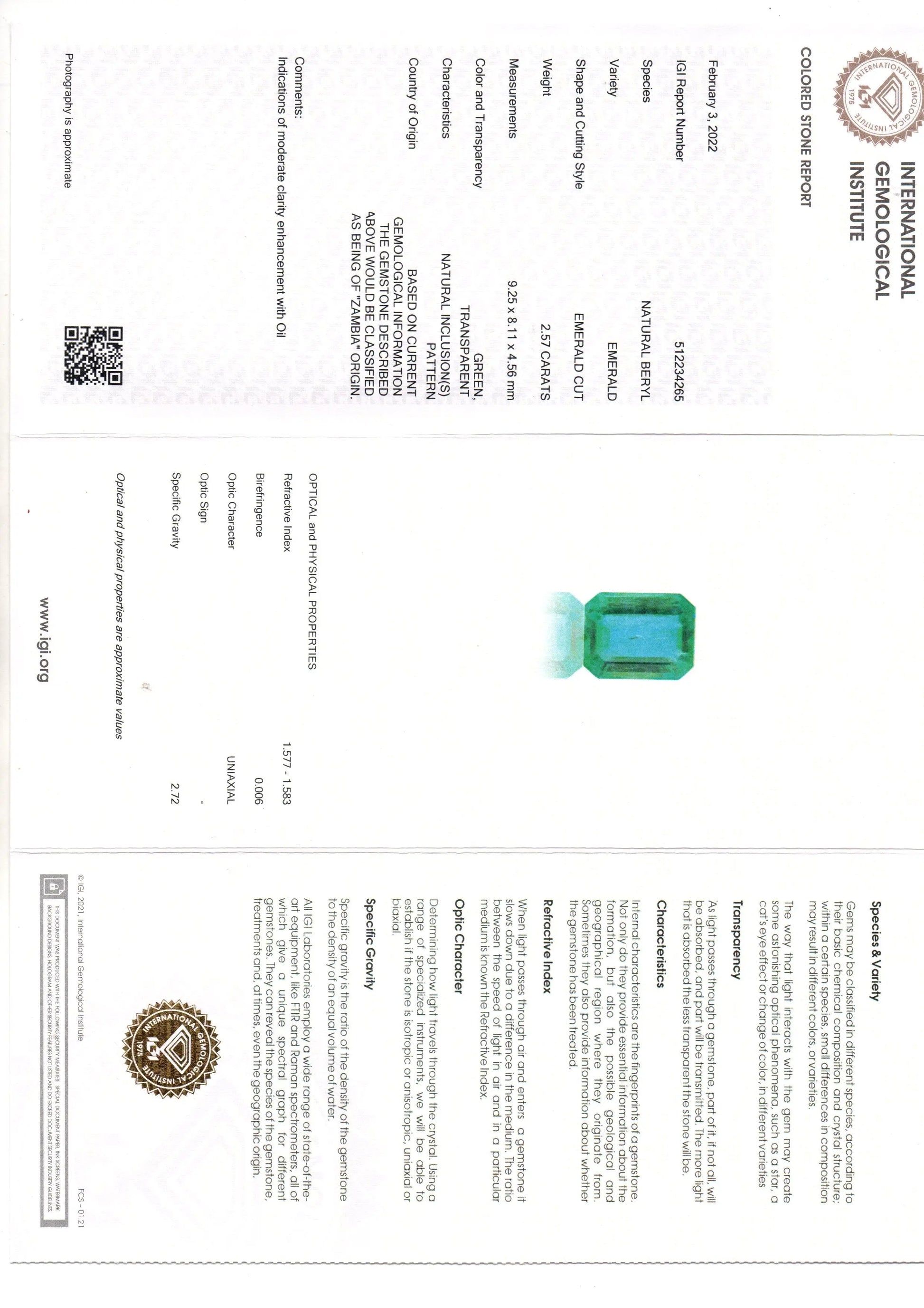 2.57 Ct IGI Certified Untreated Natural Zambian Emerald Gemstone AAA