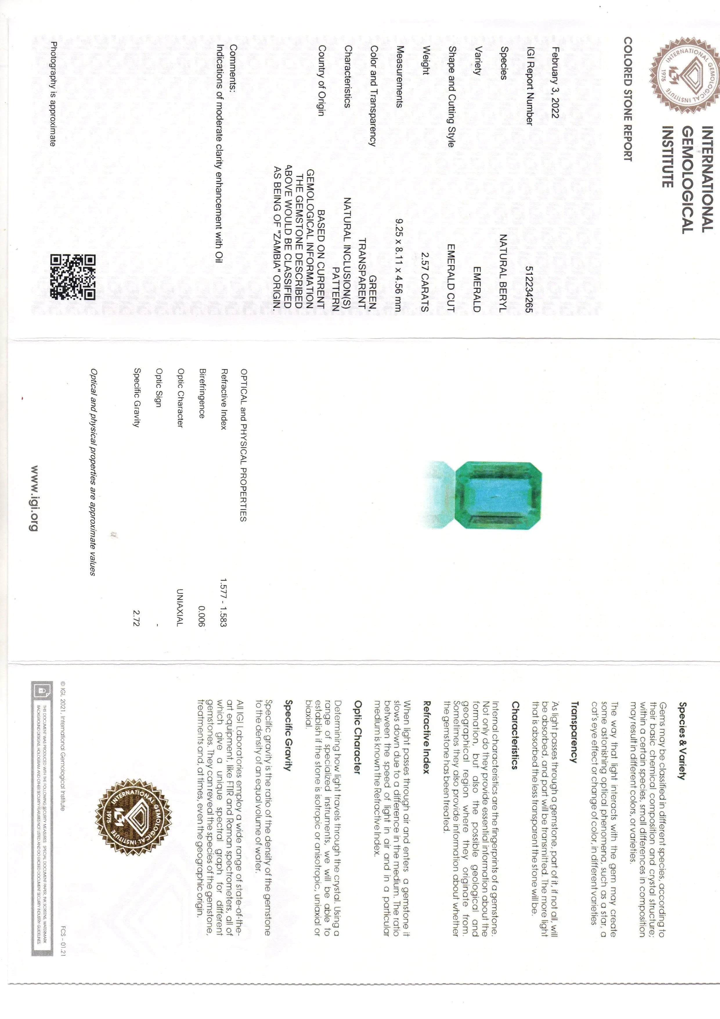 2.57 Ct IGI Certified Untreated Natural Zambian Emerald Gemstone AAA