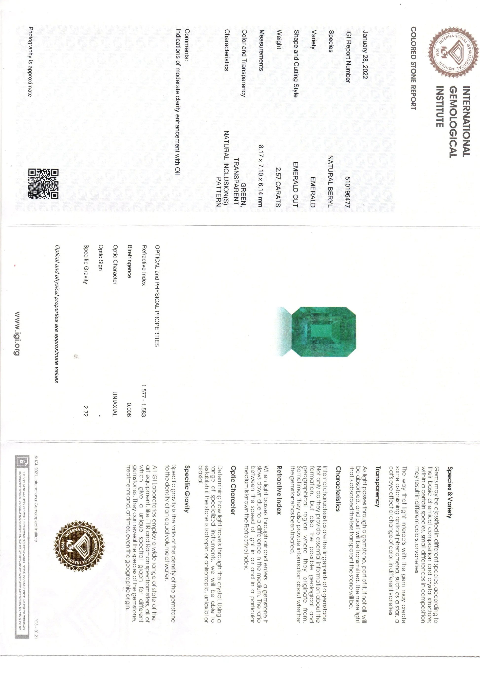 2.57 Ct IGI Certified Untreated Natural Zambian Emerald Gemstone