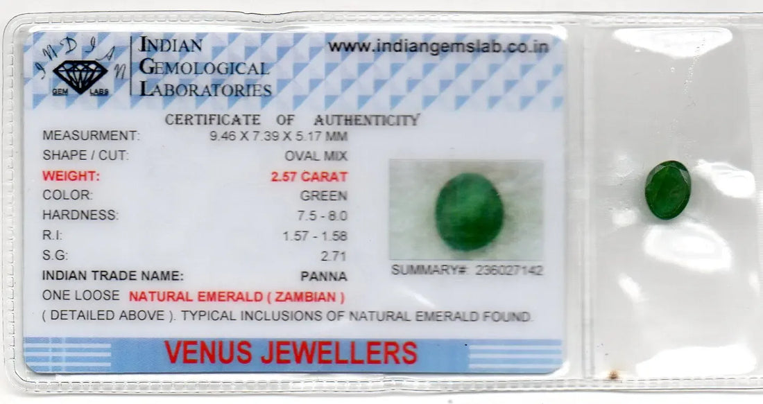 2.57 Ct Certified Untreated Natural Zambian Emerald Panna Gemstone - Venus Gems