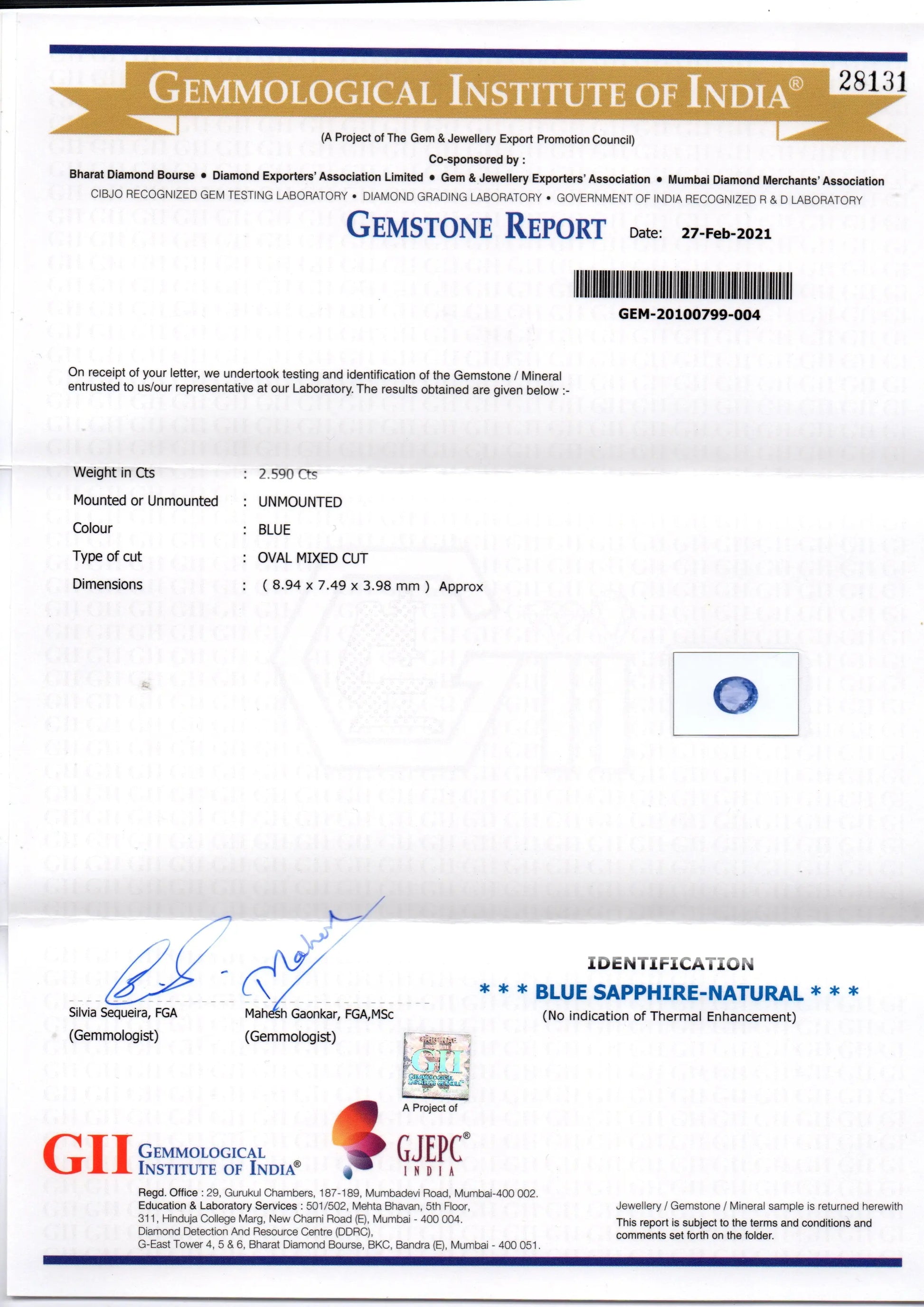 2.59 Ct GII Certified Unheated Untreated Natural Ceylon Blue Sapphire AAA