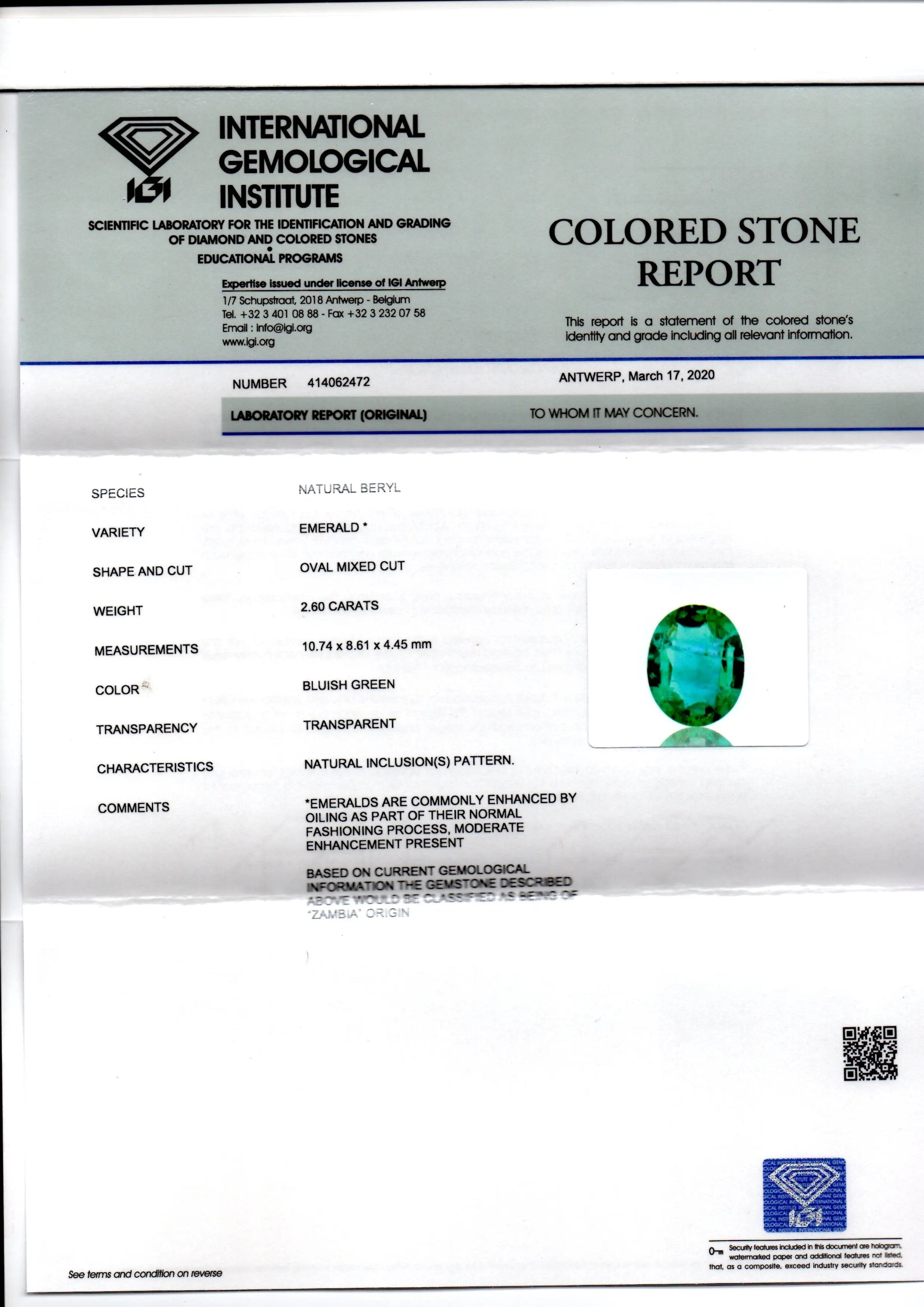 2.60 Ct IGI Certified Untreated Natural Zambian Emerald Gems AAA