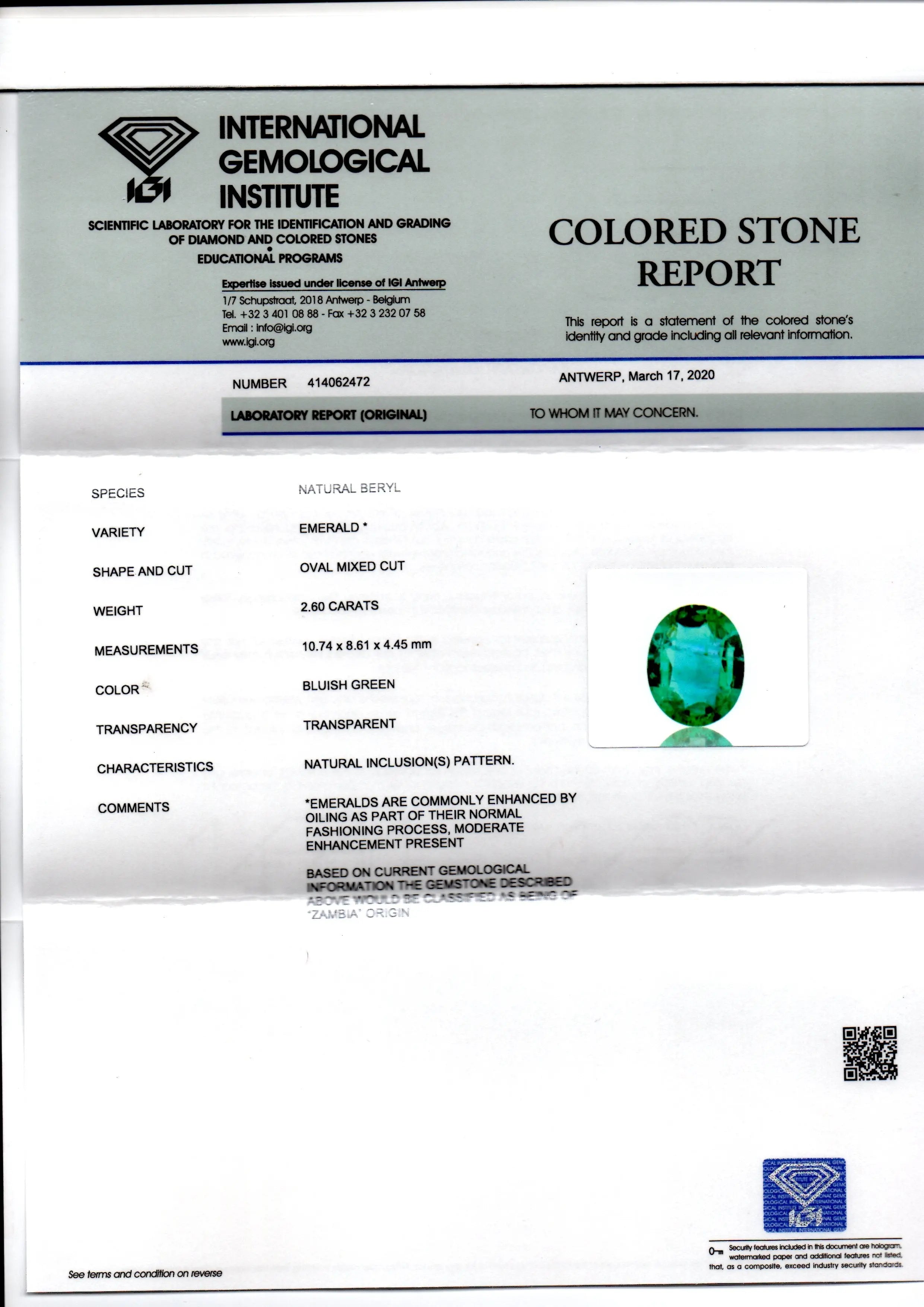 2.60 Ct IGI Certified Untreated Natural Zambian Emerald Gems AAA