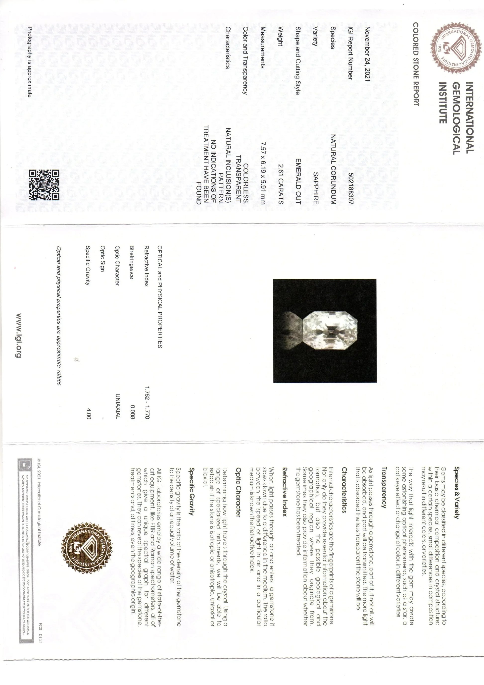 2.61 Ct IGI Certified Unheated Untreated Natural Ceylon White Sapphire - Venus Gems